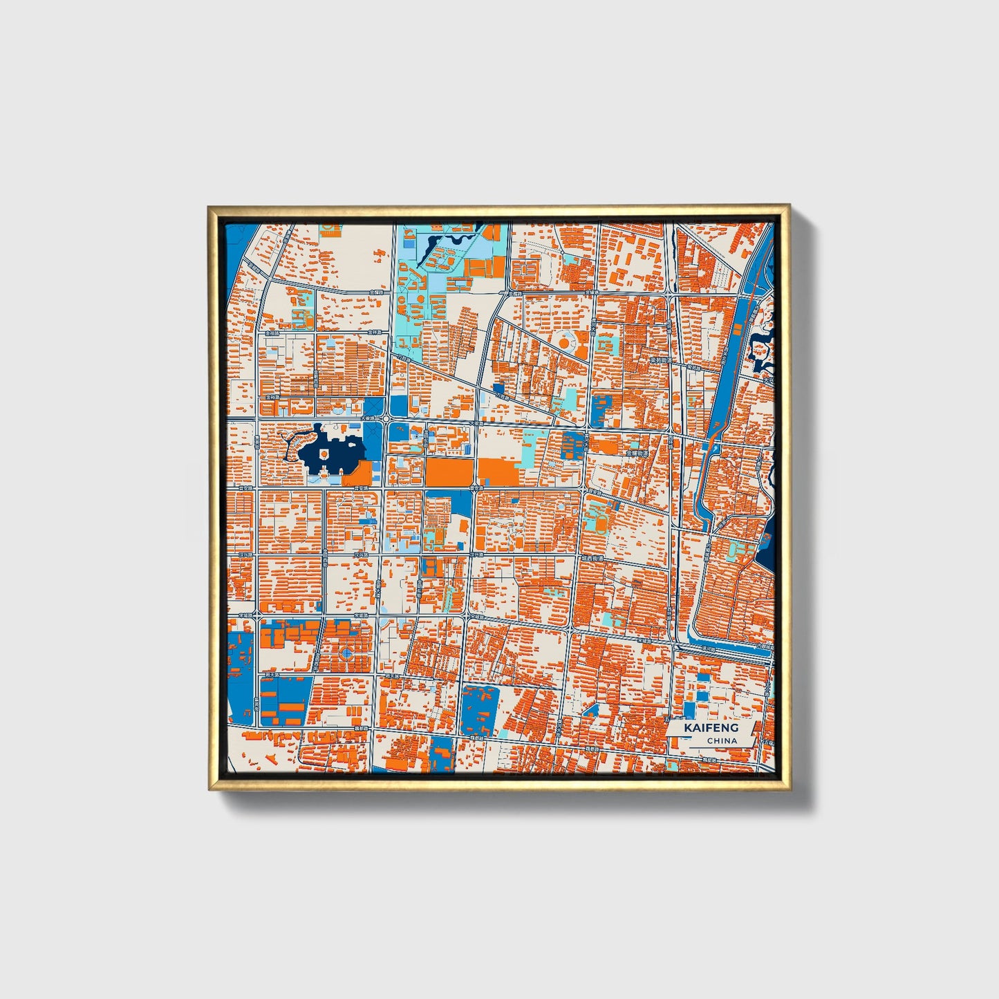 Kaifeng China Colorful City Map Canvas Print • Gold Framed