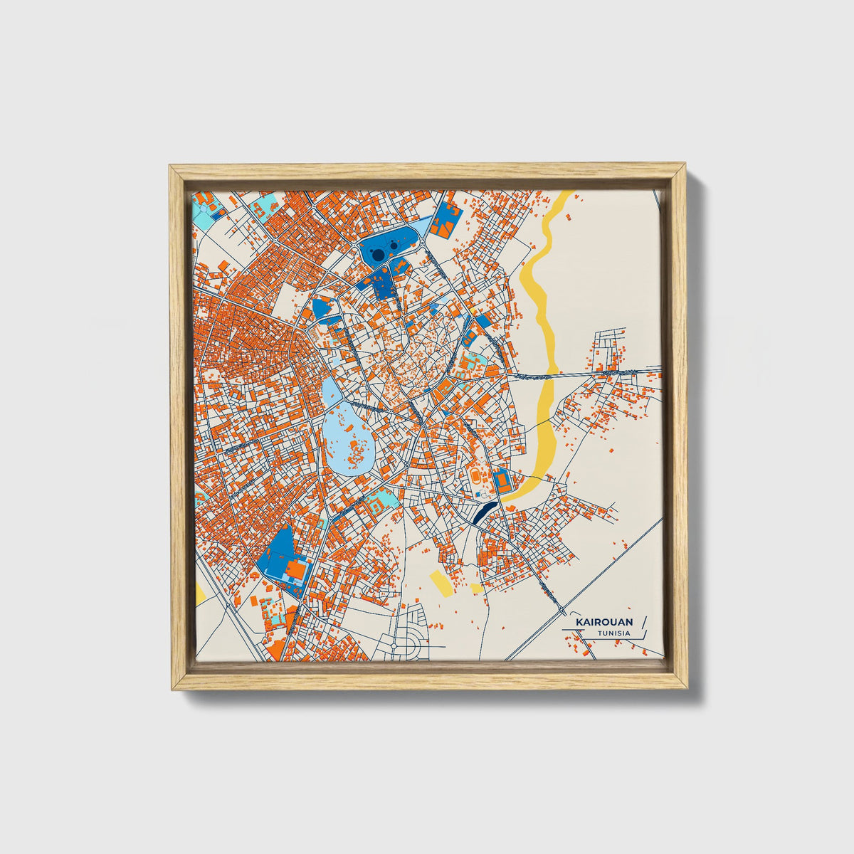 Kairouan Tunisia Colorful City Map Canvas Print • Natural Wooden Framed
