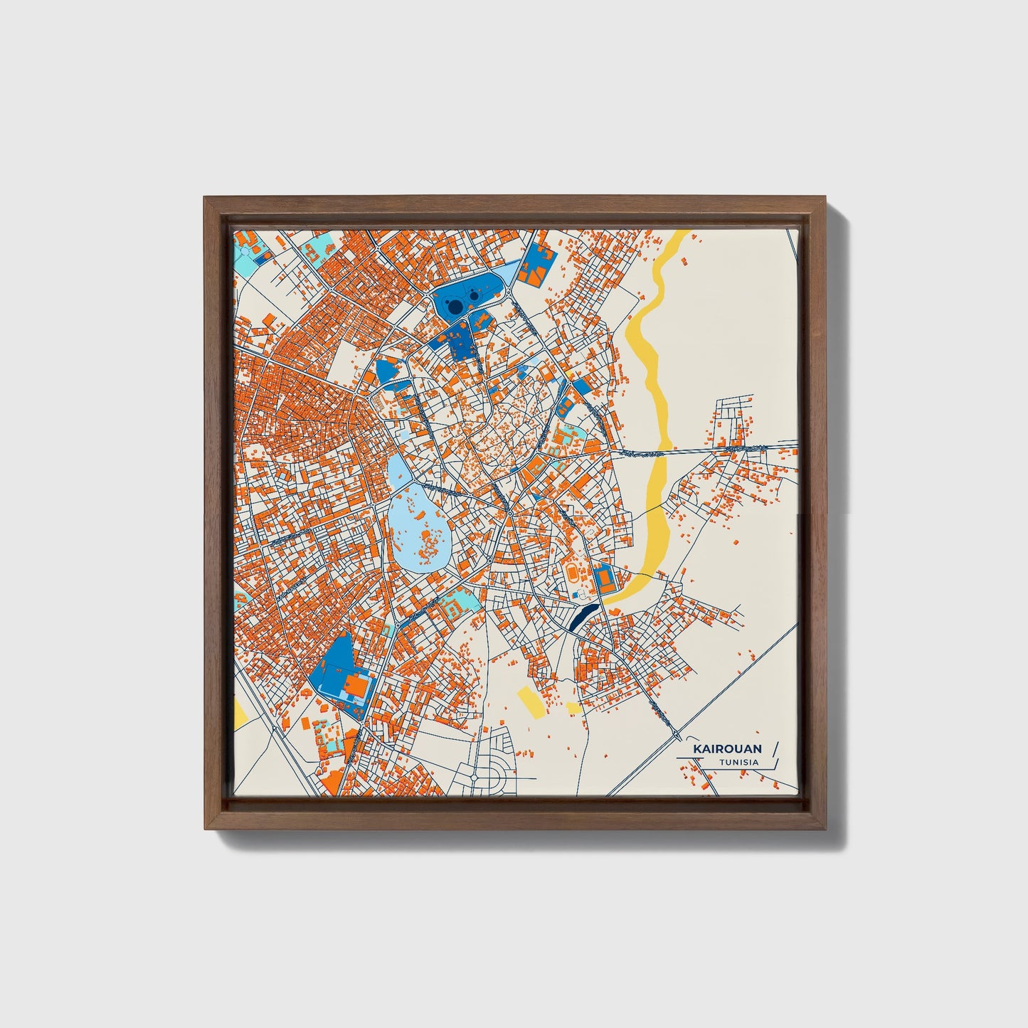 Kairouan Tunisia Colorful City Map Canvas Print • Dark Wooden Framed