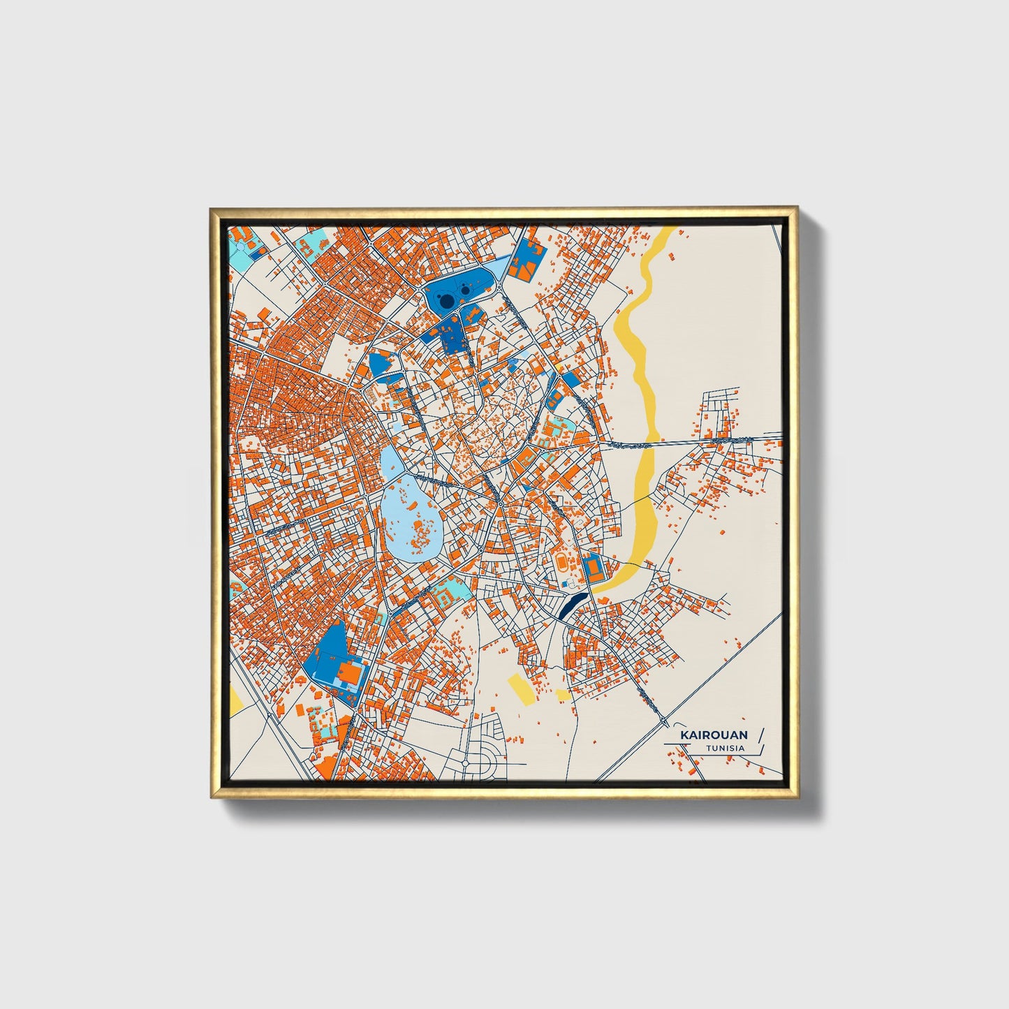 Kairouan Tunisia Colorful City Map Canvas Print • Gold Framed