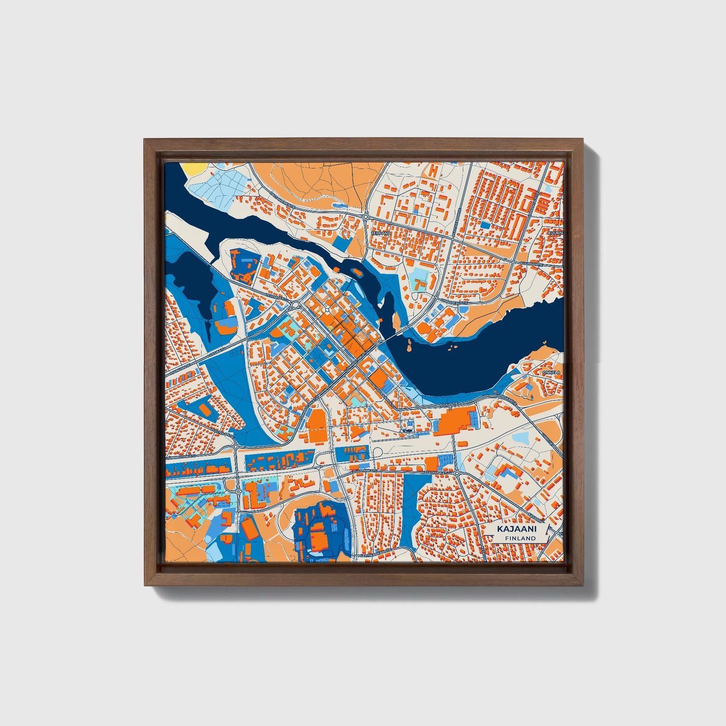 Kajaani Finland Colorful City Map Canvas Print • Dark Wooden Framed