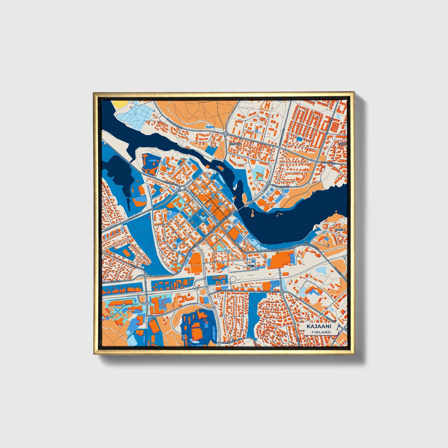 Kajaani Finland Colorful City Map Canvas Print • Gold Framed