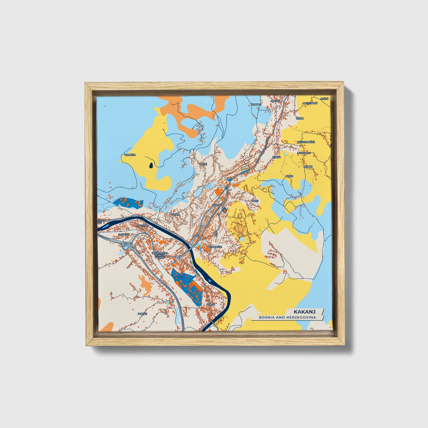Kakanj Bosnia And Herzegovina Colorful City Map Canvas Print • Natural Wooden Framed