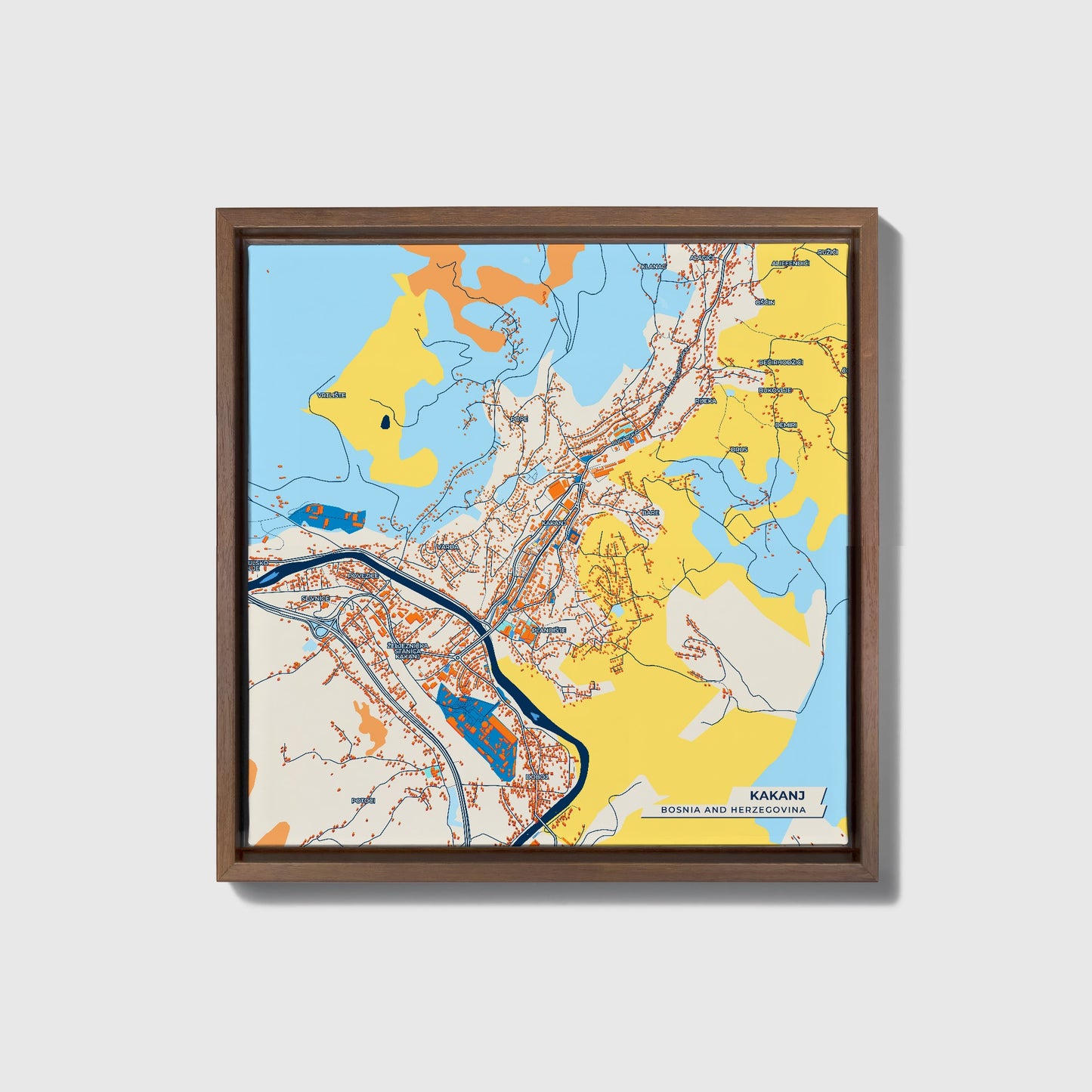 Kakanj Bosnia And Herzegovina Colorful City Map Canvas Print • Dark Wooden Framed