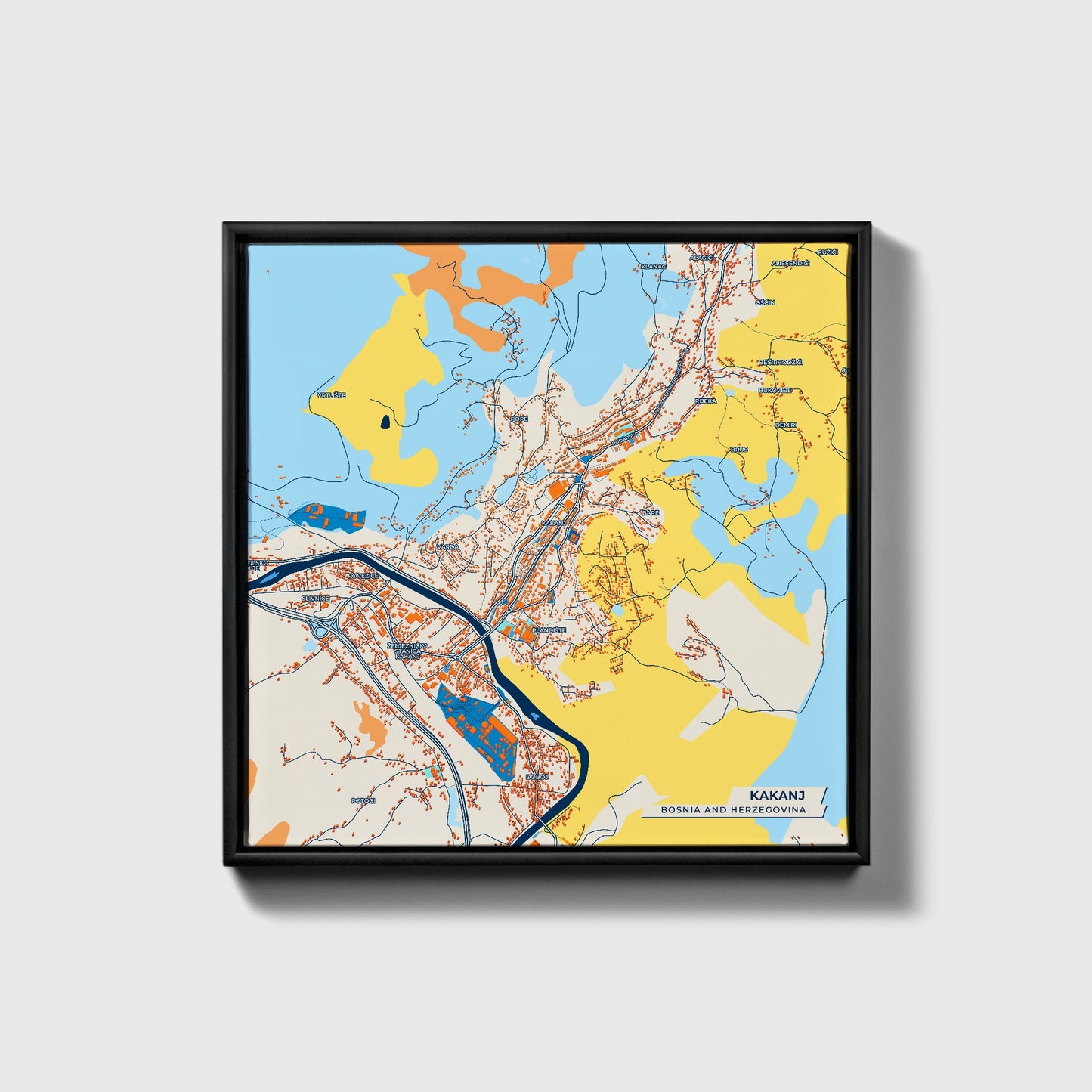 Kakanj Bosnia And Herzegovina Colorful City Map Canvas Print • Black Framed