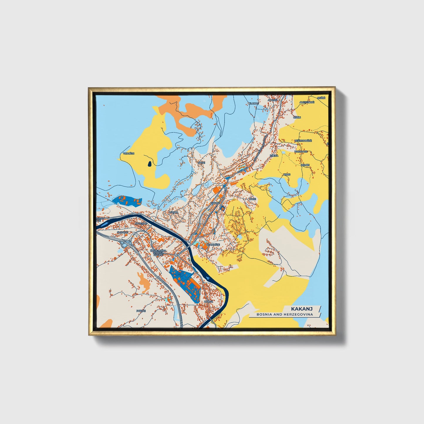 Kakanj Bosnia And Herzegovina Colorful City Map Canvas Print • Gold Framed