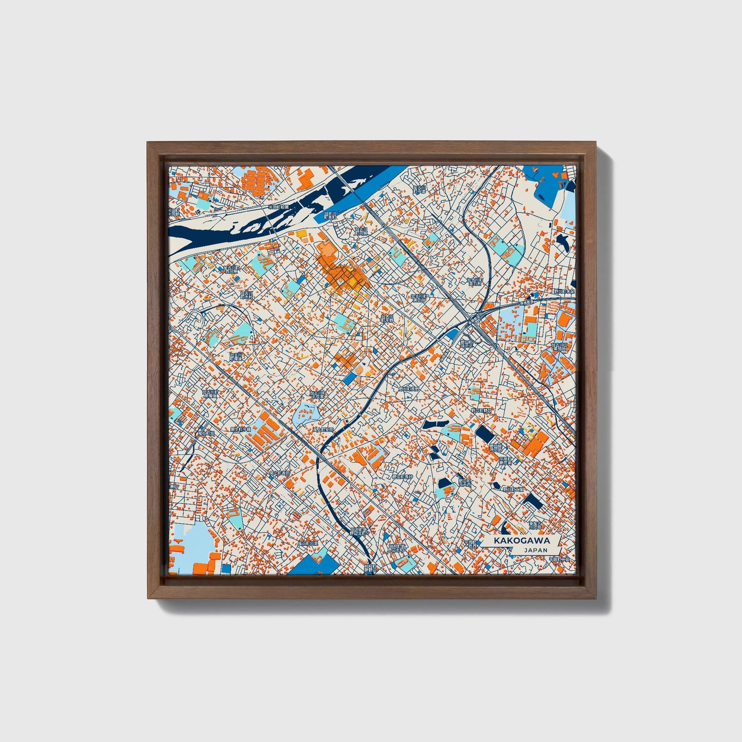 Kakogawa Japan Colorful City Map Canvas Print • Dark Wooden Framed