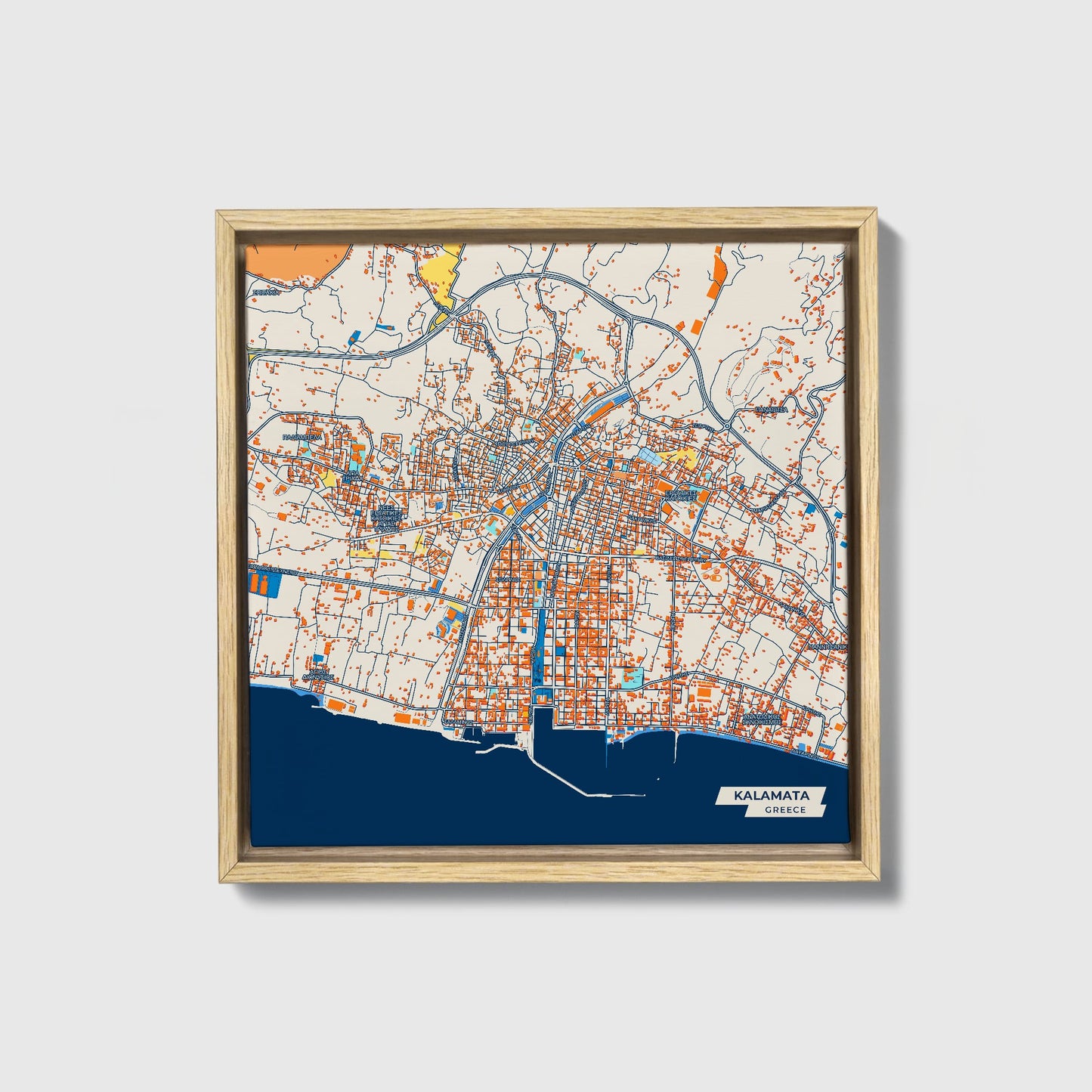 Καλαματα Greece Colorful City Map Canvas Print • Natural Wooden Framed