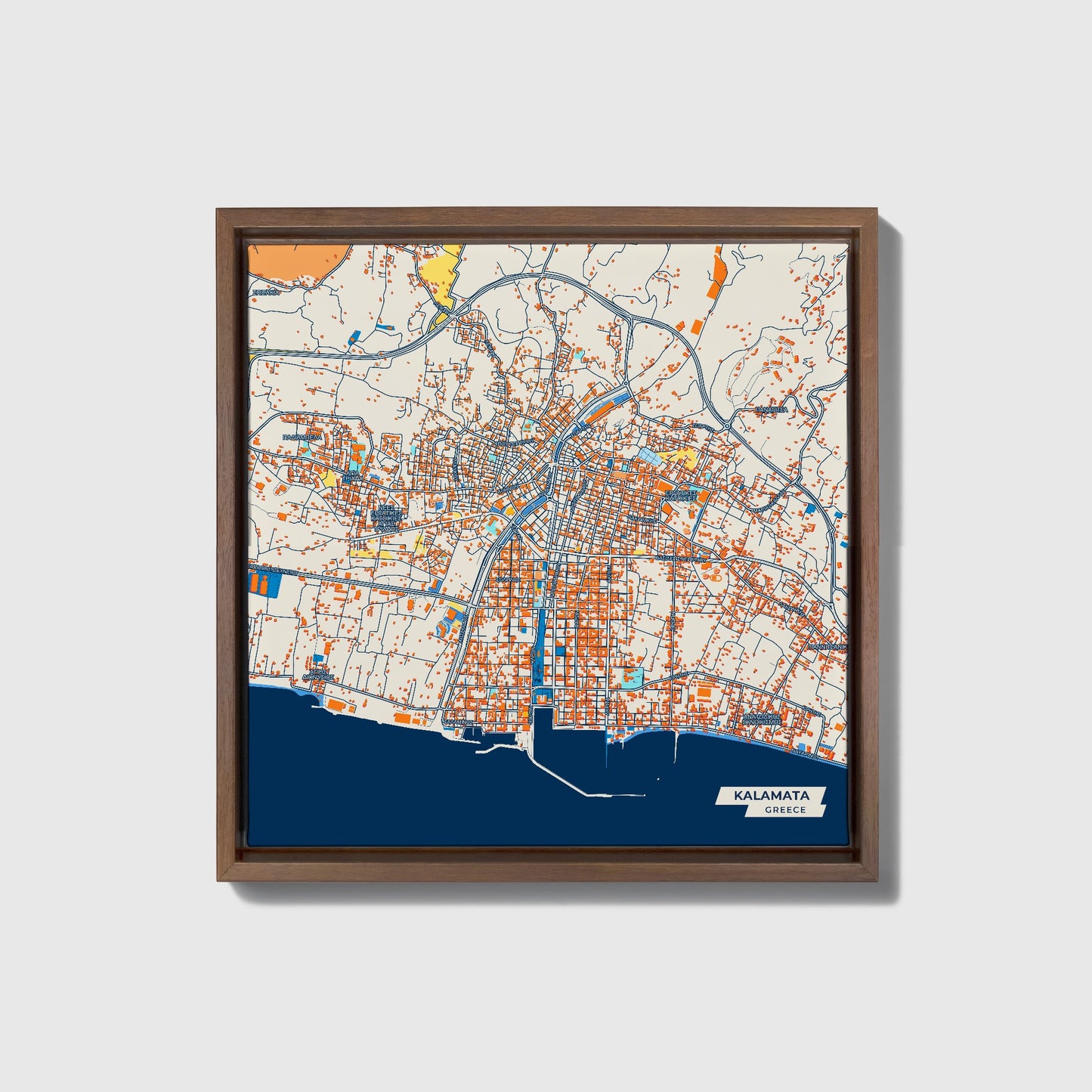 Καλαματα Greece Colorful City Map Canvas Print • Dark Wooden Framed