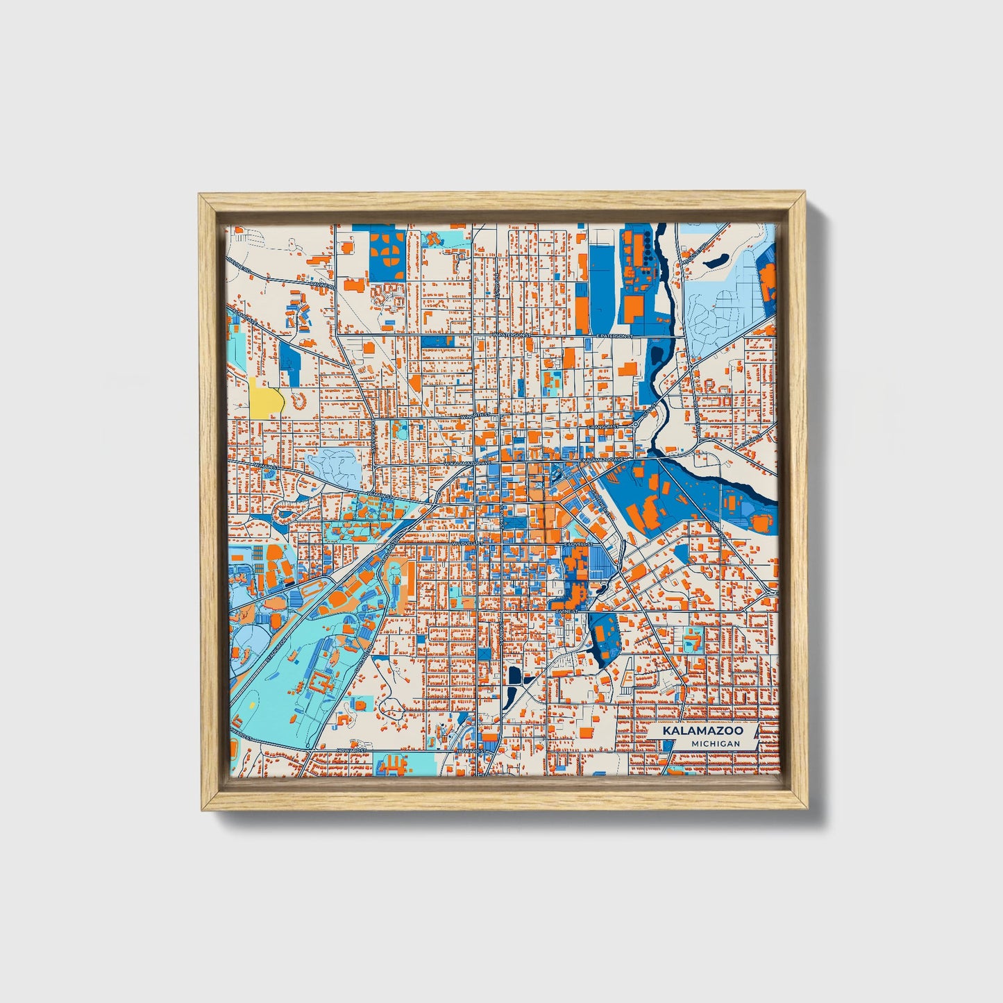Kalamazoo Michigan Colorful City Map Canvas Print • Natural Wooden Framed