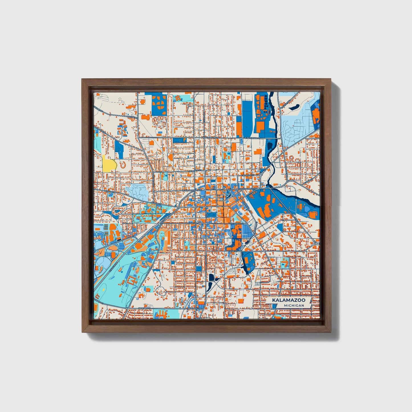 Kalamazoo Michigan Colorful City Map Canvas Print • Dark Wooden Framed