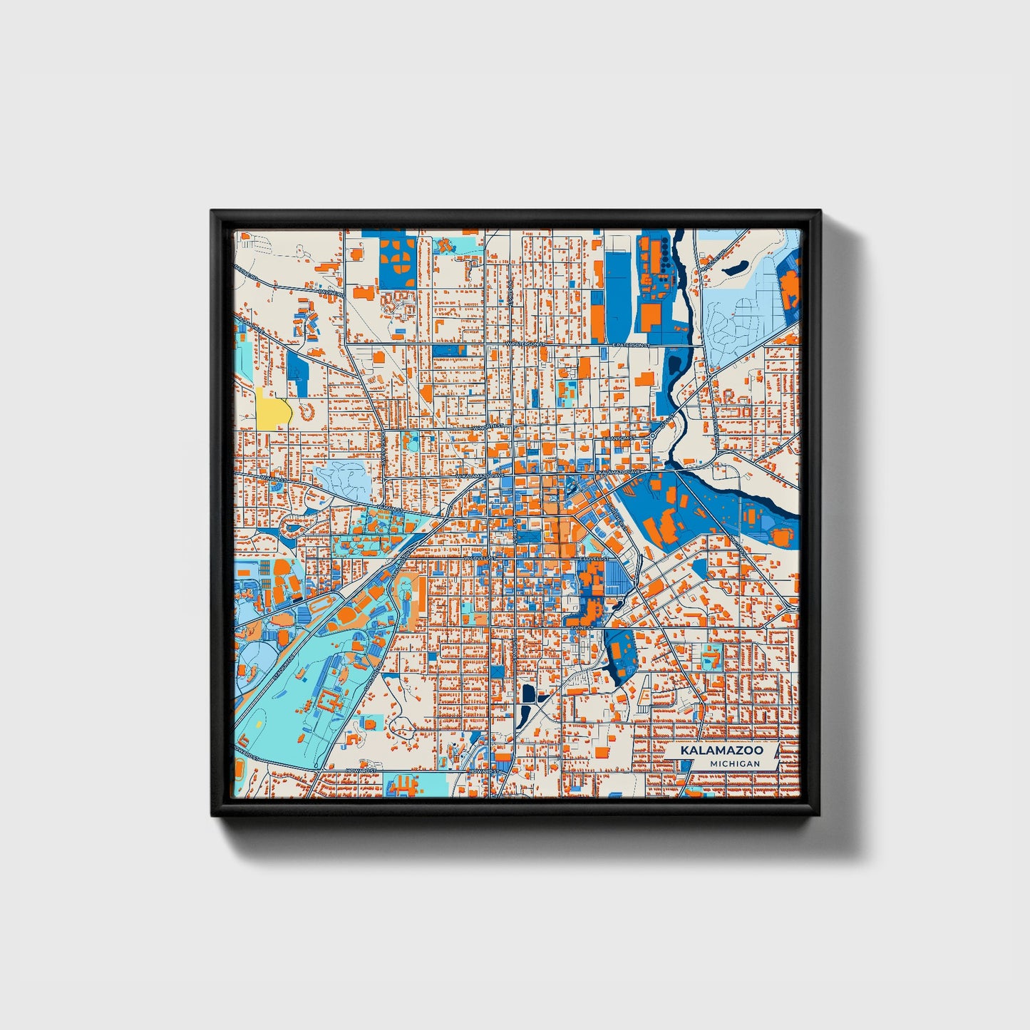Kalamazoo Michigan Colorful City Map Canvas Print • Black Framed