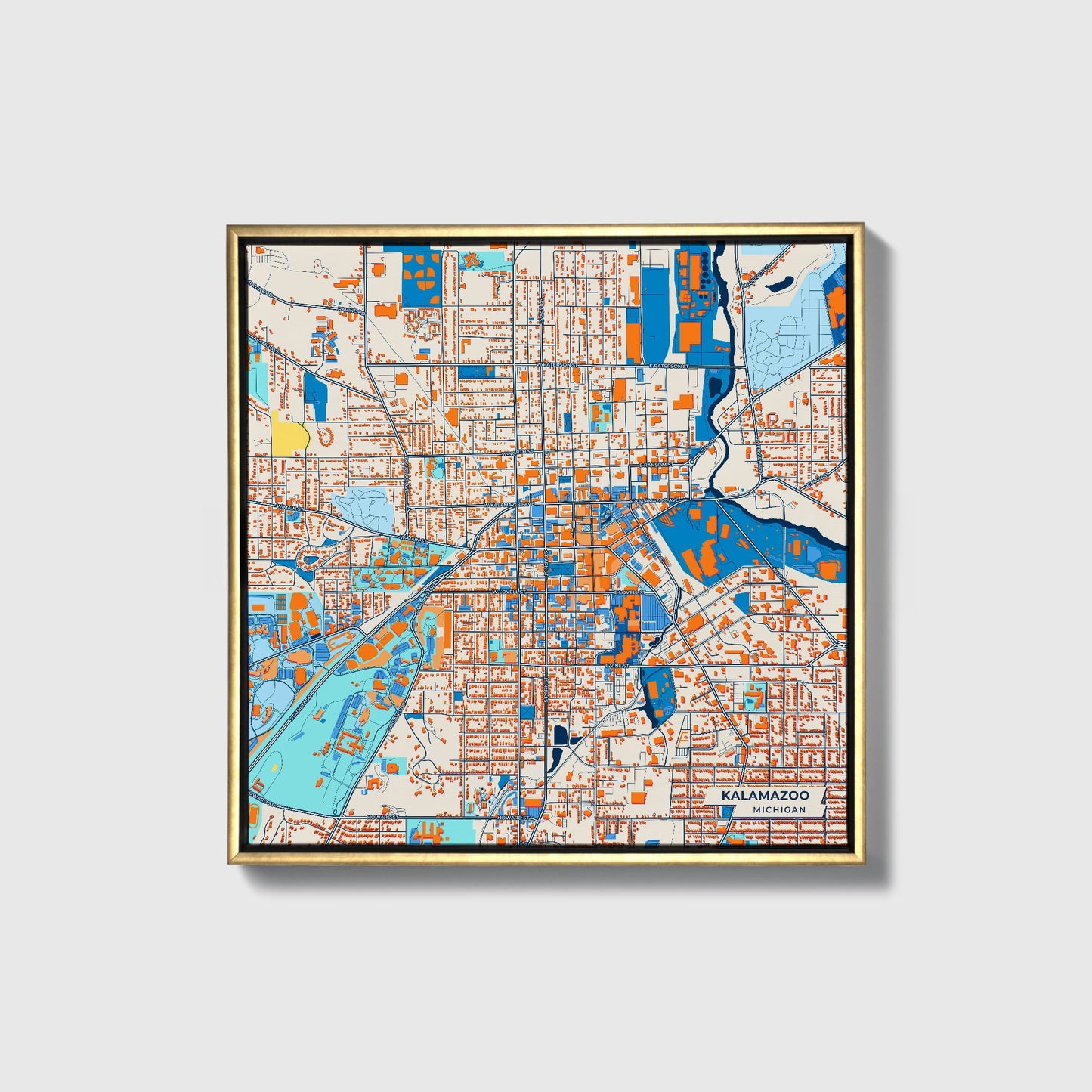 Kalamazoo Michigan Colorful City Map Canvas Print • Gold Framed