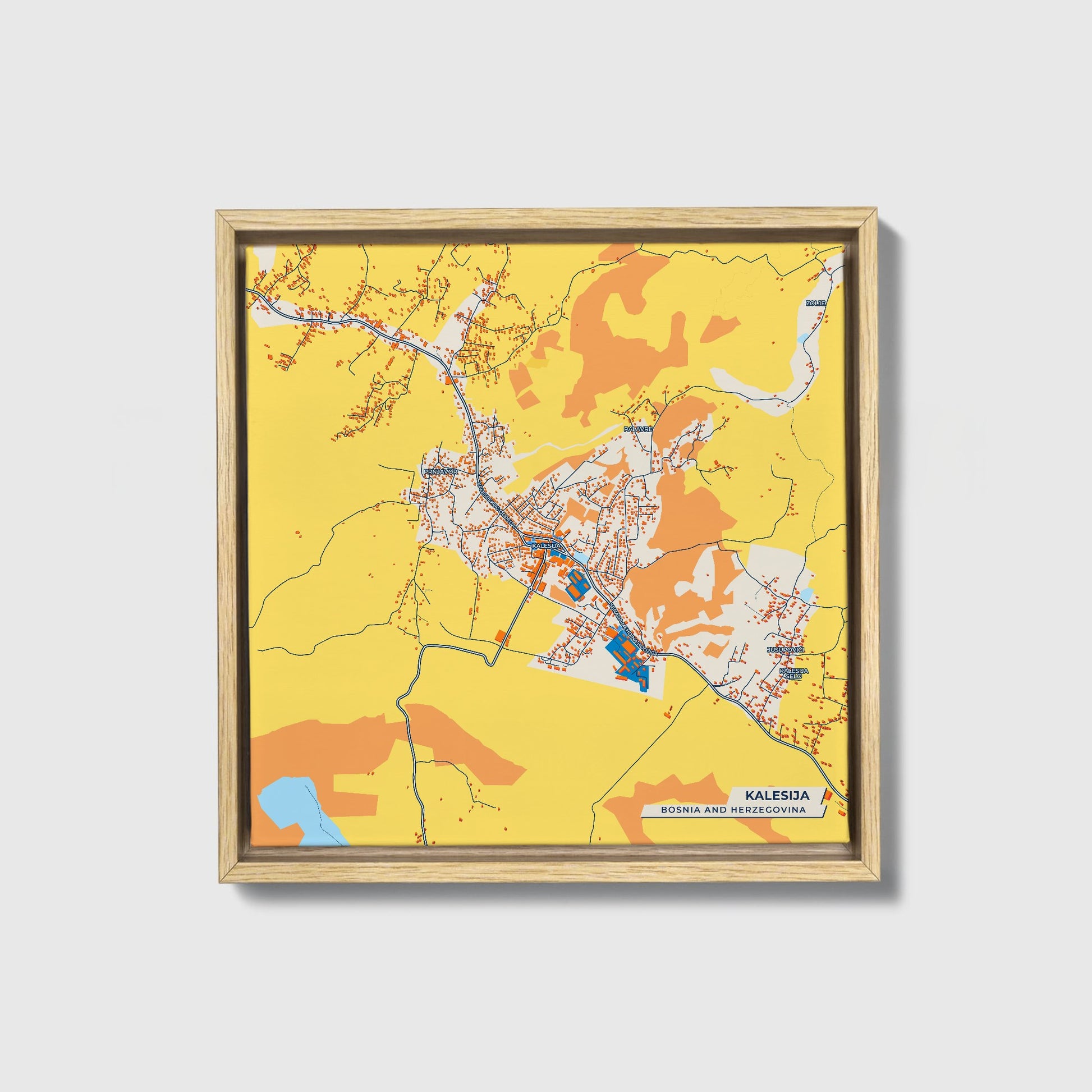 Kalesija Bosnia And Herzegovina Colorful City Map Canvas Print • Natural Wooden Framed