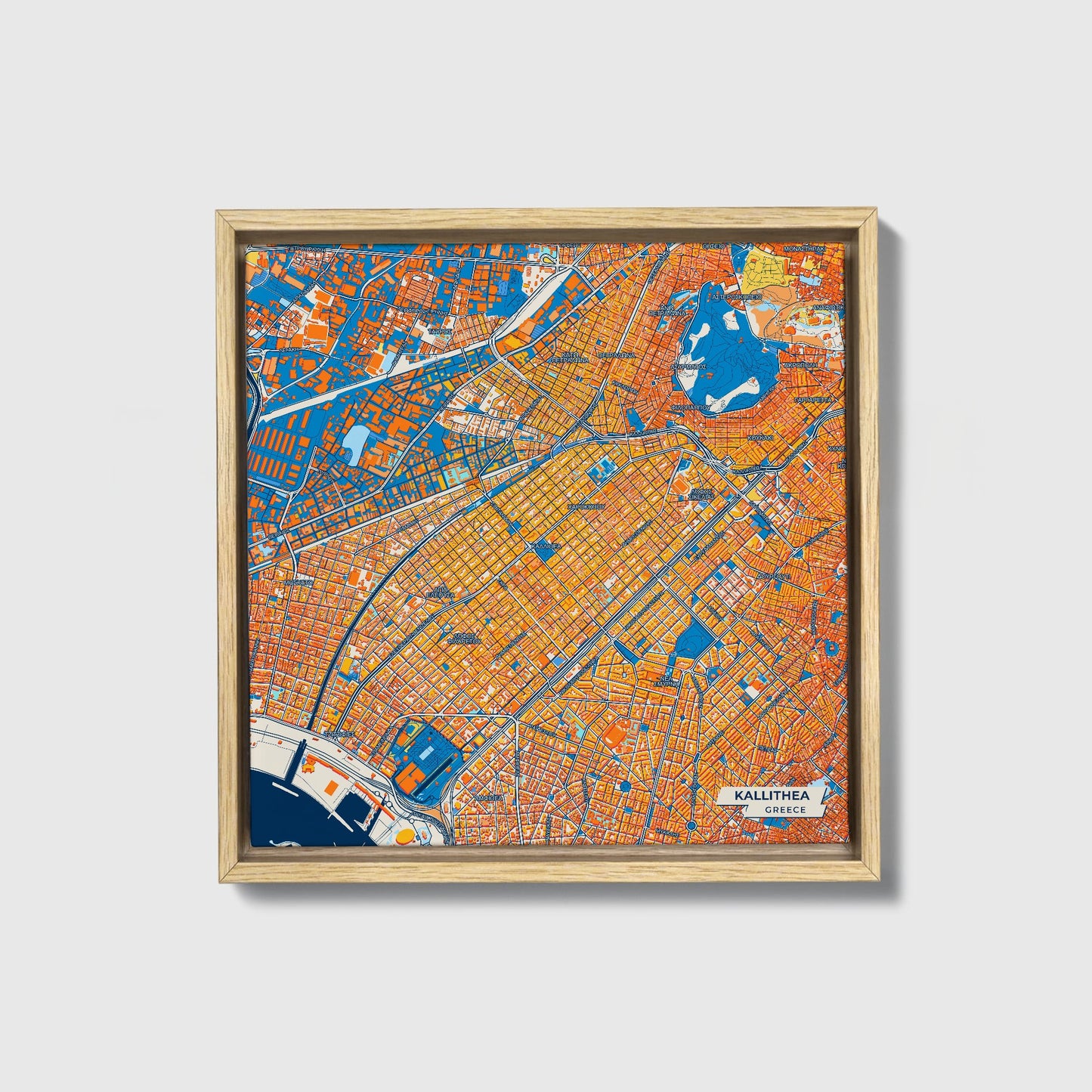 Καλλιθεα Greece Colorful City Map Canvas Print • Natural Wooden Framed