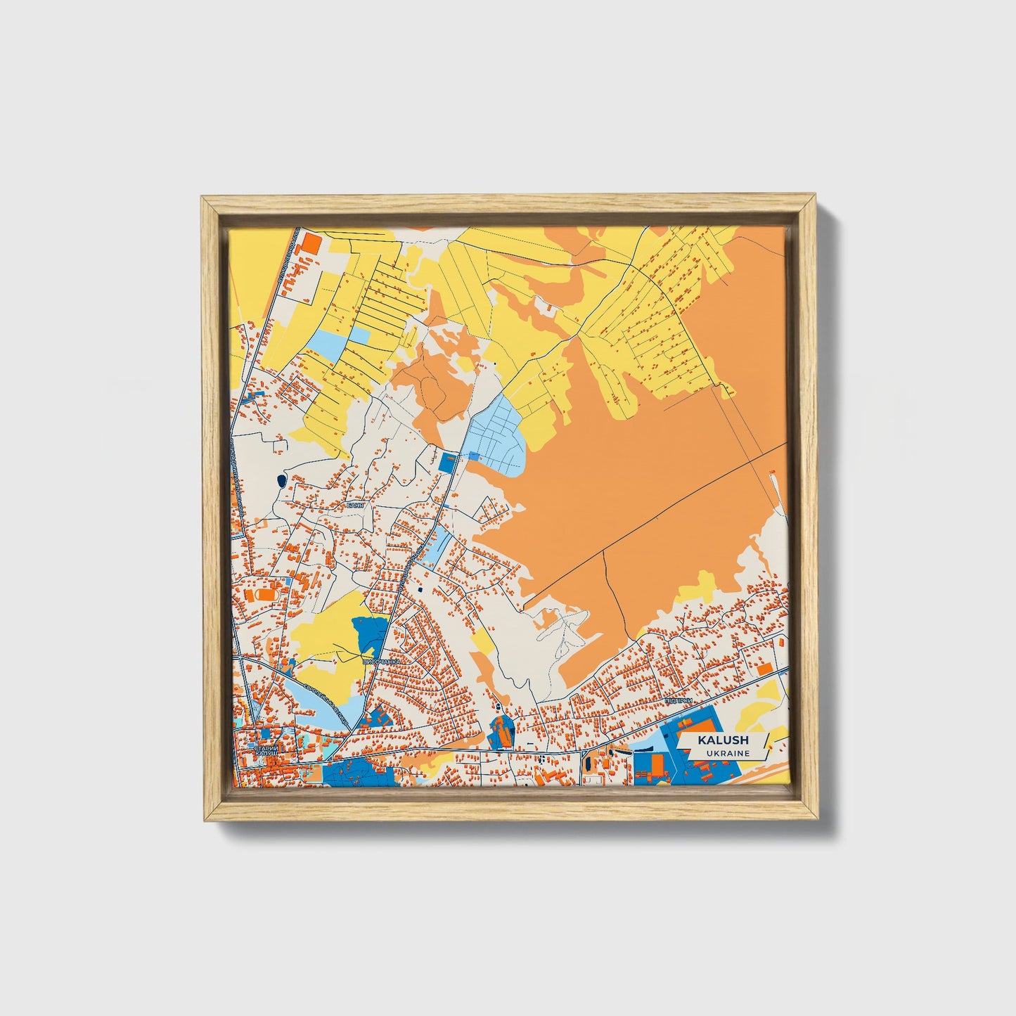 Калуш Ukraine Colorful City Map Canvas Print • Natural Wooden Framed