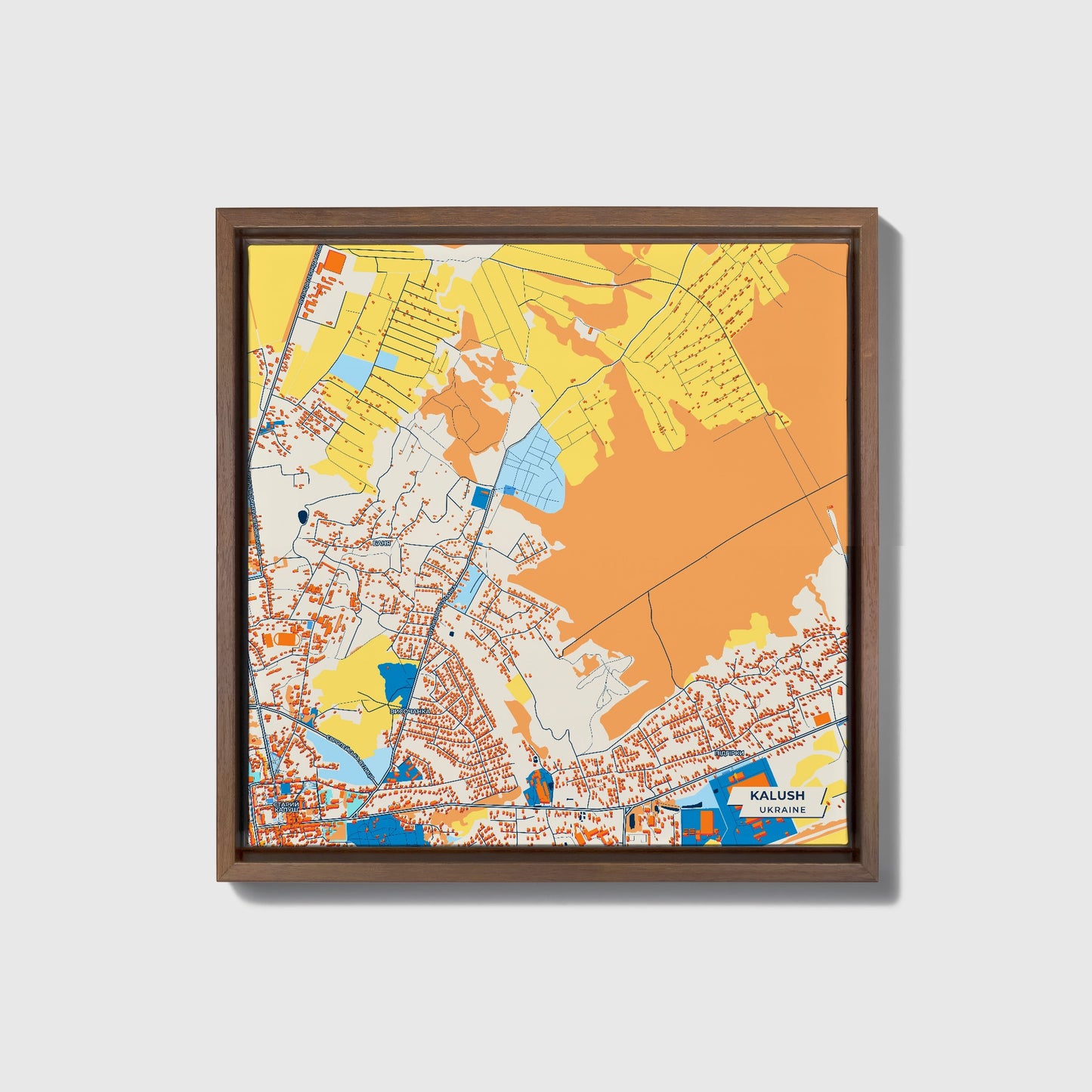 Калуш Ukraine Colorful City Map Canvas Print • Dark Wooden Framed