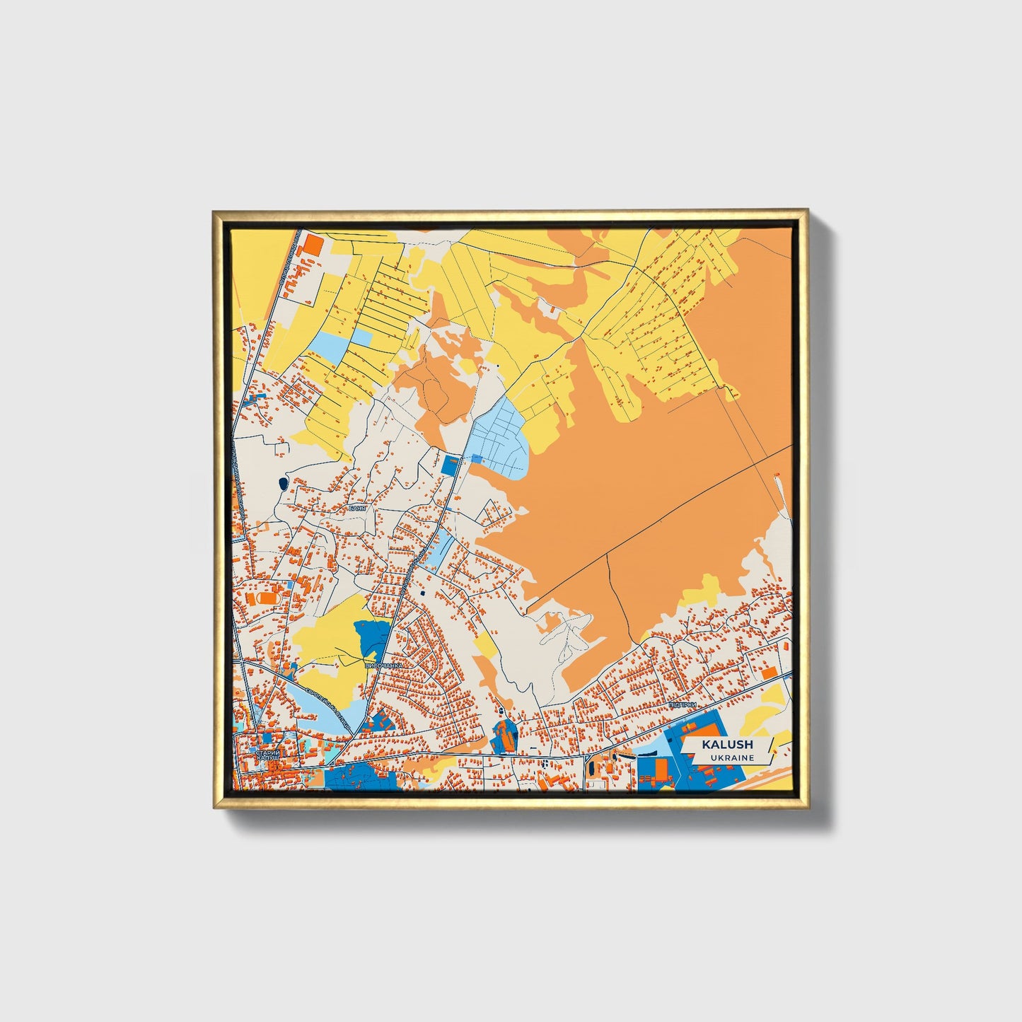 Калуш Ukraine Colorful City Map Canvas Print • Gold Framed