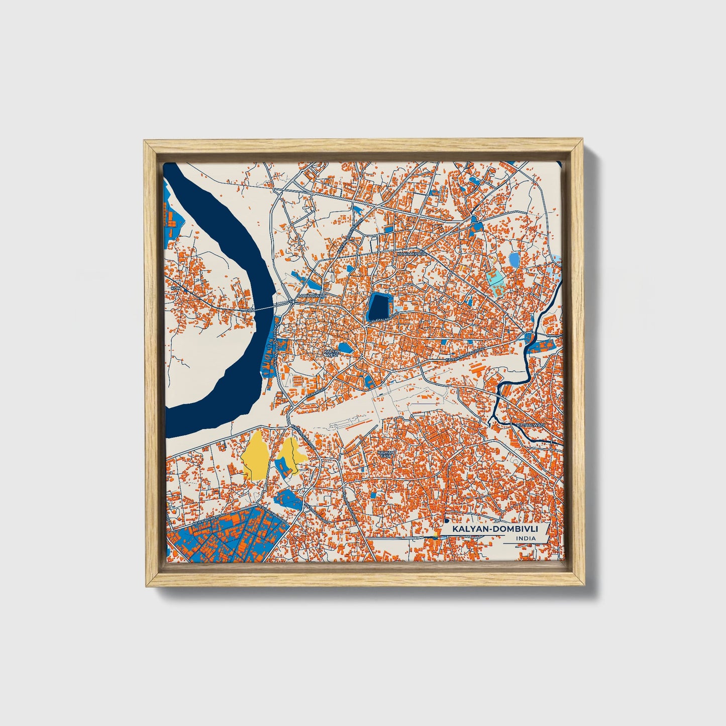 Kalyan-Dombivli India Colorful City Map Canvas Print • Natural Wooden Framed