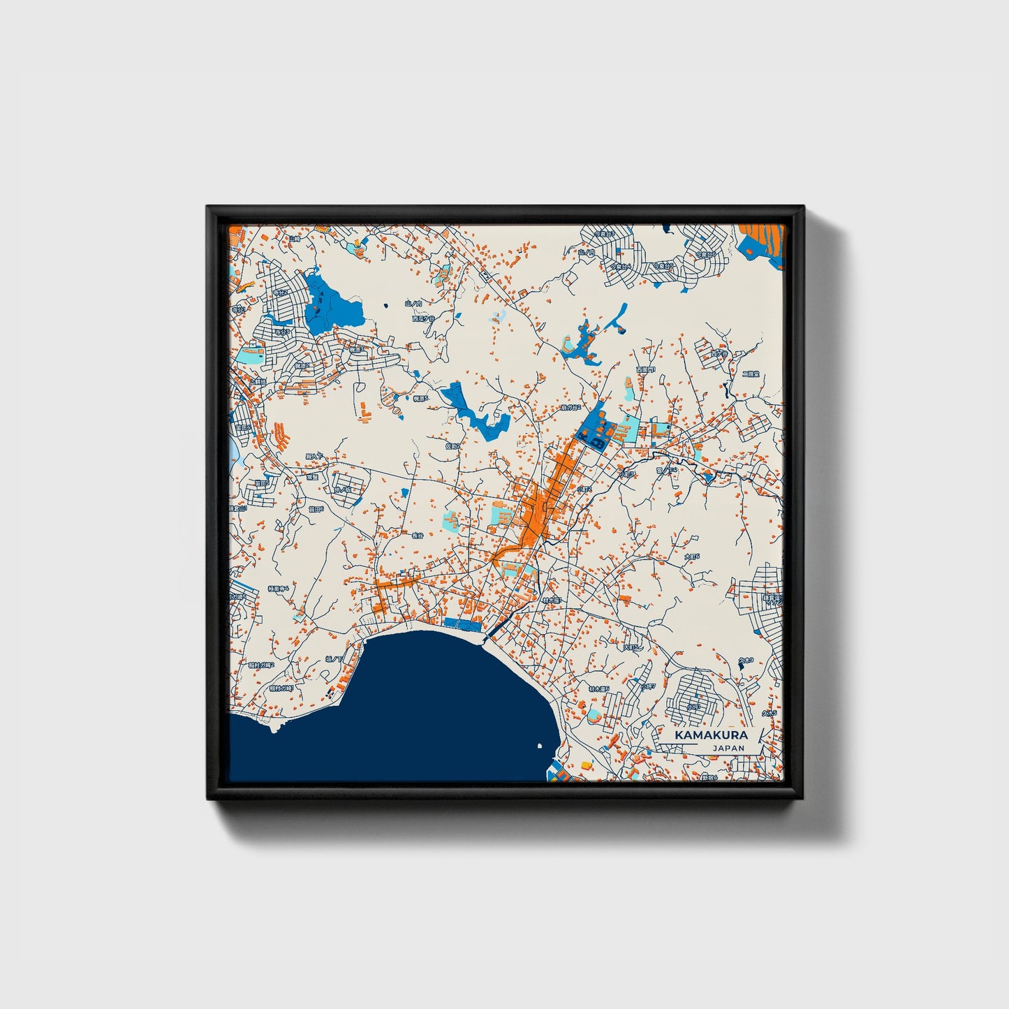 Kamakura Japan Colorful City Map Canvas Print • Black Framed