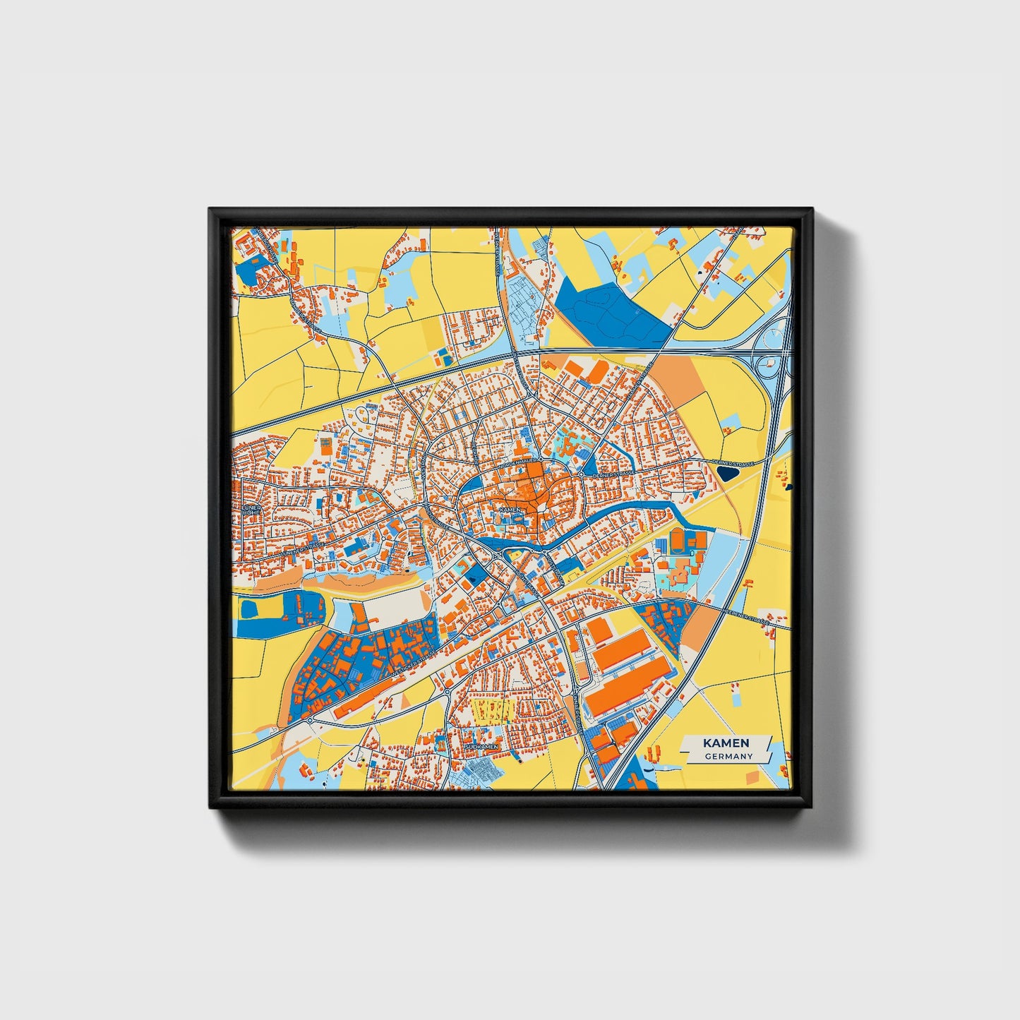 Kamen Germany Colorful City Map Canvas Print • Black Framed
