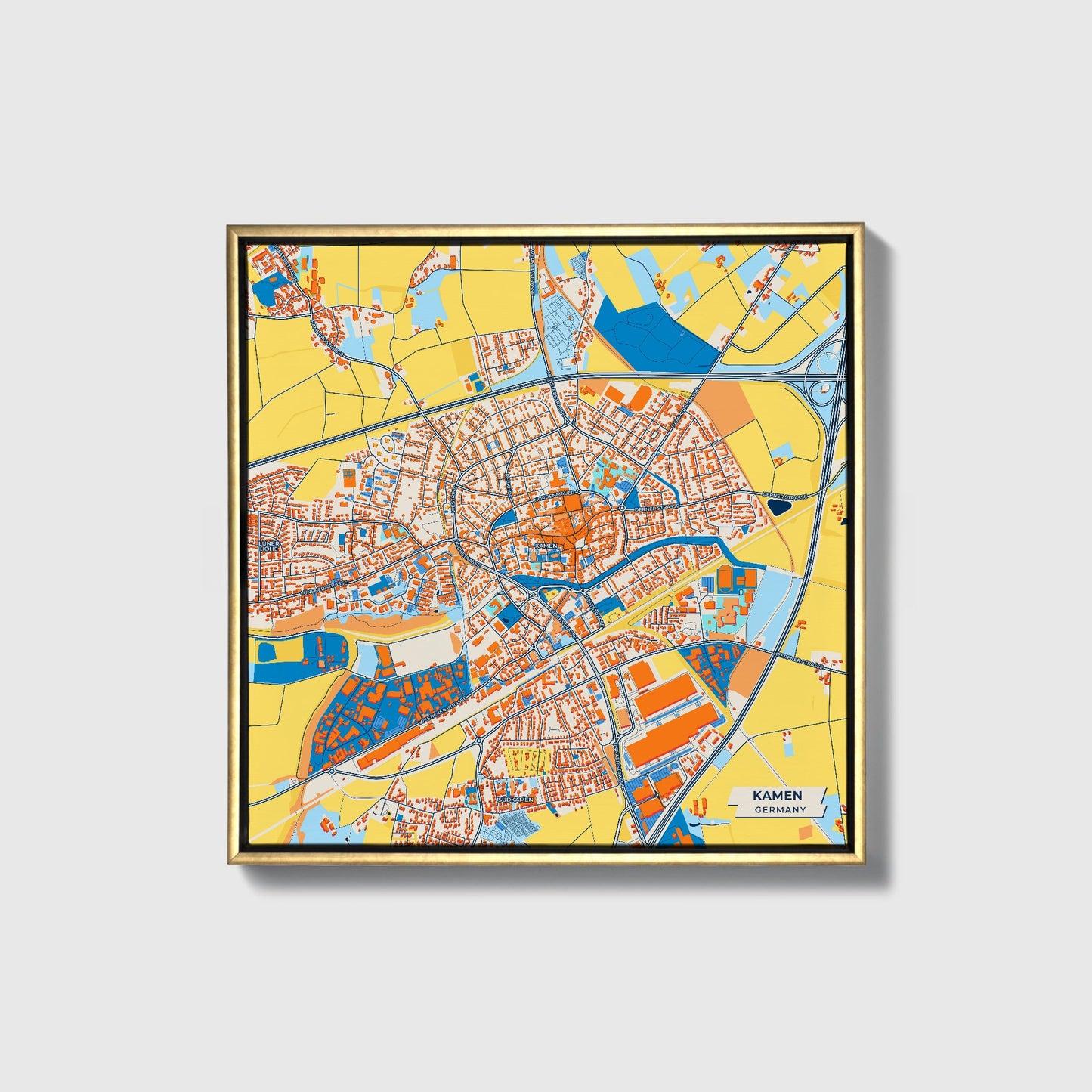 Kamen Germany Colorful City Map Canvas Print • Gold Framed