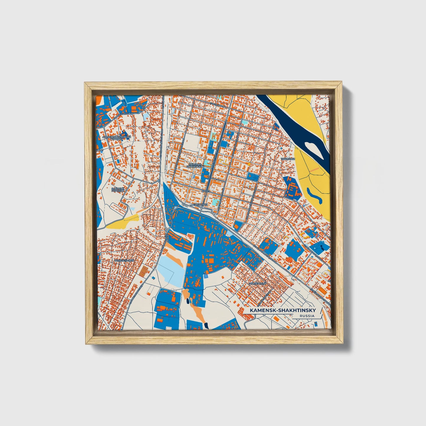 Каменск-Шахтинский Russia Colorful City Map Canvas Print • Natural Wooden Framed