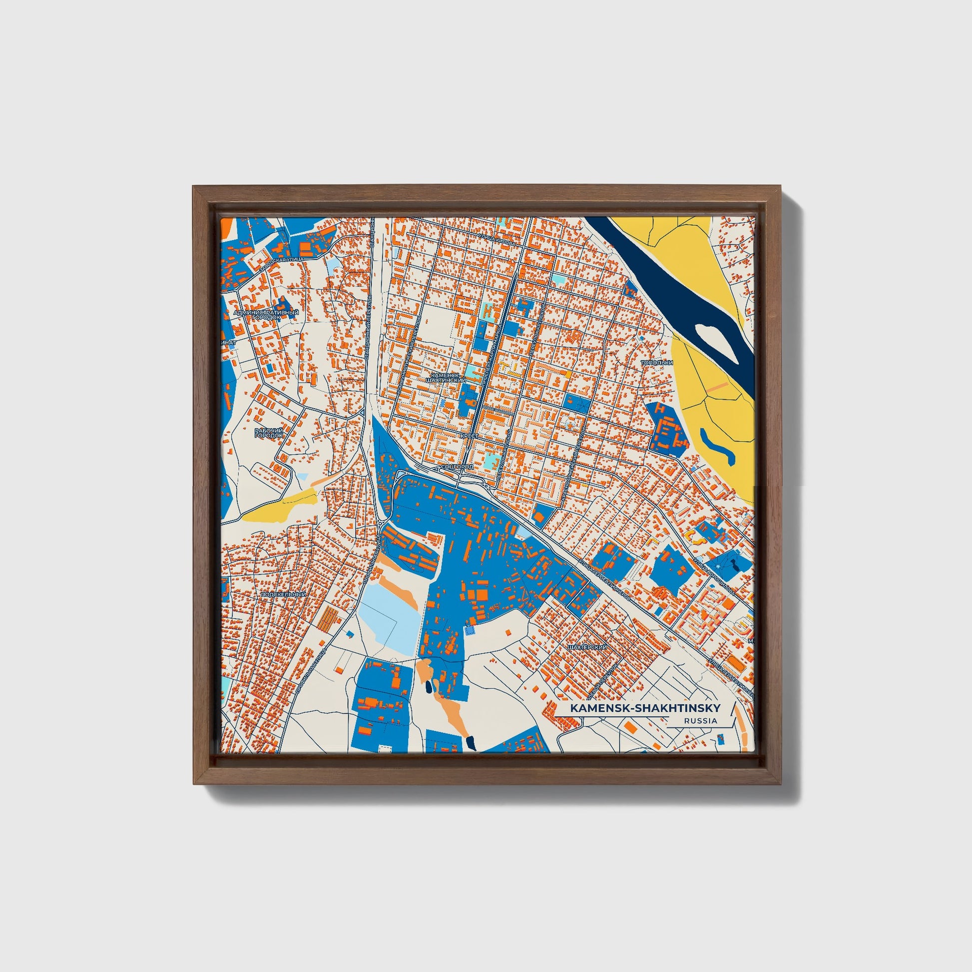 Каменск-Шахтинский Russia Colorful City Map Canvas Print • Dark Wooden Framed