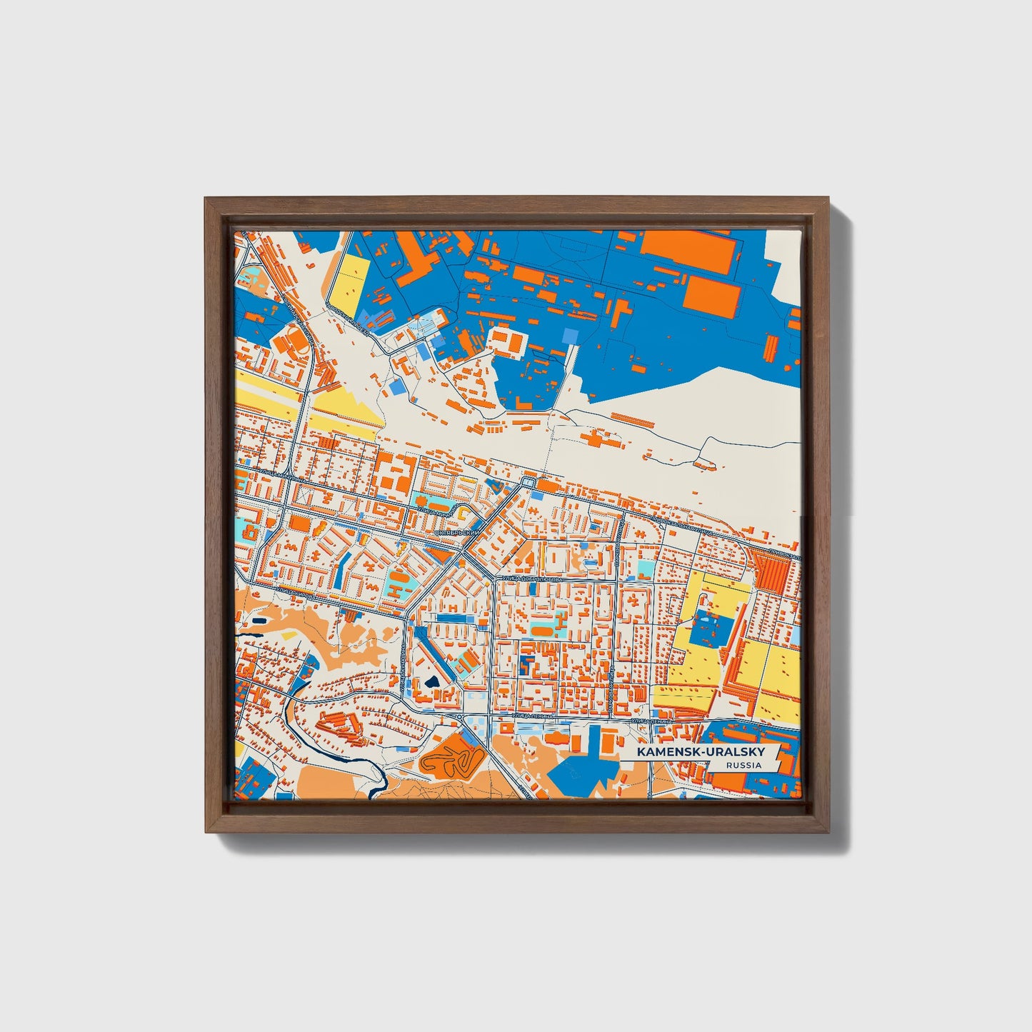 Каменск-Уральский Russia Colorful City Map Canvas Print • Dark Wooden Framed