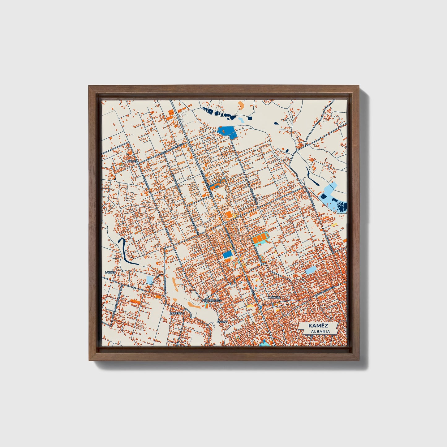 Kamëz Albania Colorful City Map Canvas Print • Dark Wooden Framed