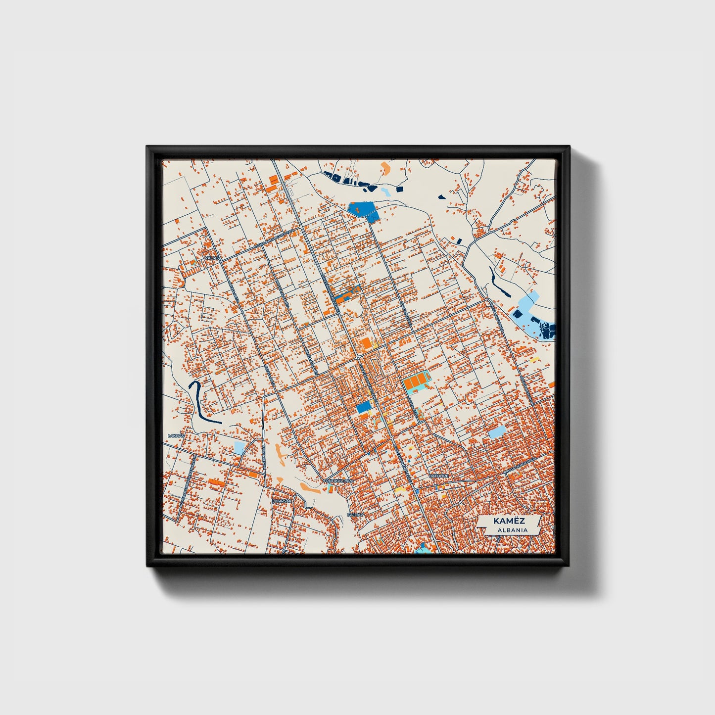 Kamëz Albania Colorful City Map Canvas Print • Black Framed