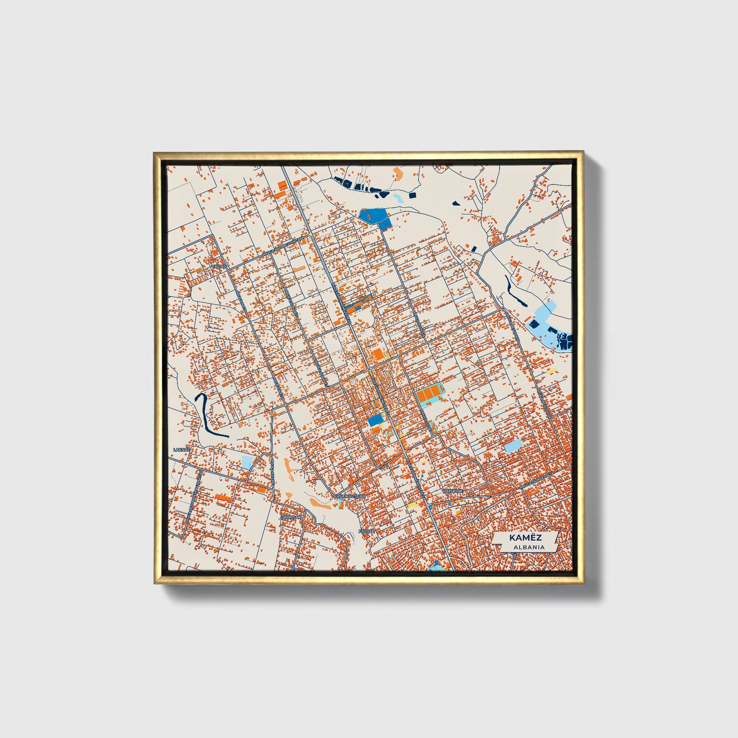 Kamëz Albania Colorful City Map Canvas Print • Gold Framed