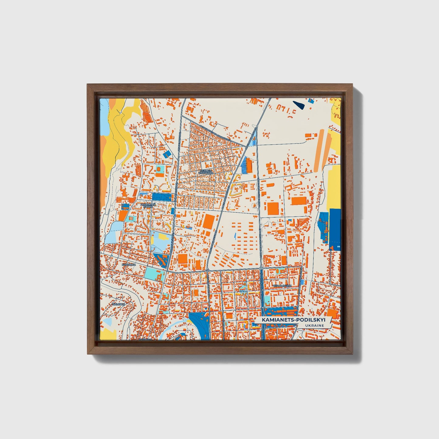 Камянець-Подільський Ukraine Colorful City Map Canvas Print • Dark Wooden Framed