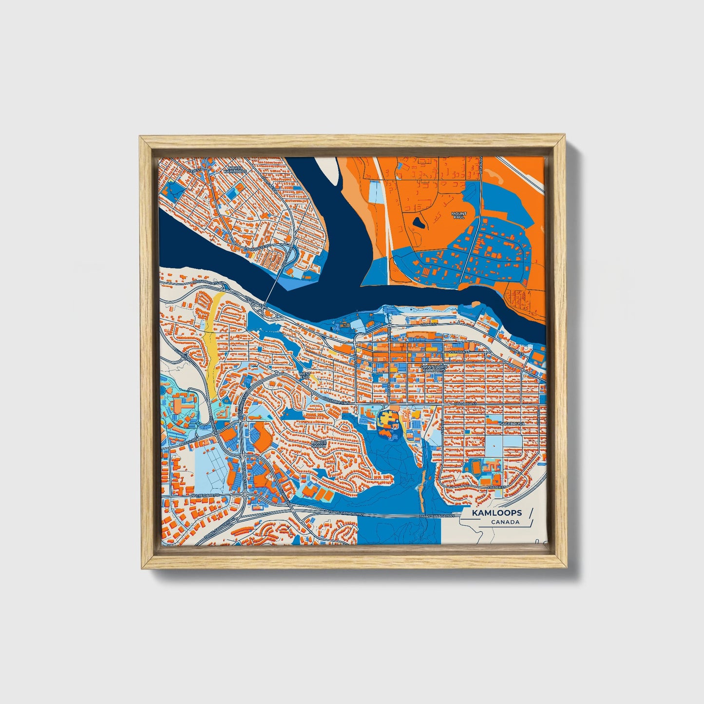 Kamloops Canada Colorful City Map Canvas Print • Natural Wooden Framed