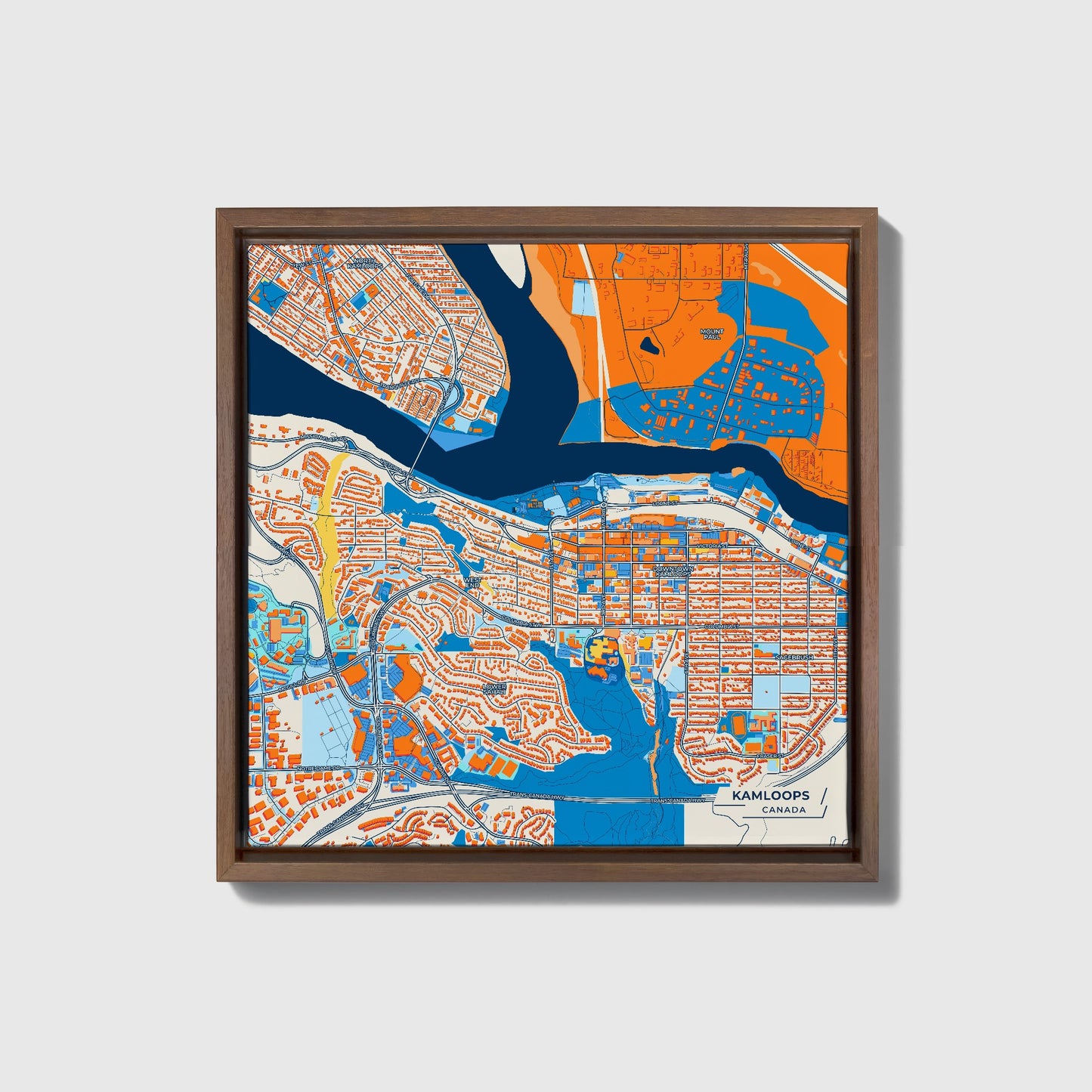 Kamloops Canada Colorful City Map Canvas Print • Dark Wooden Framed