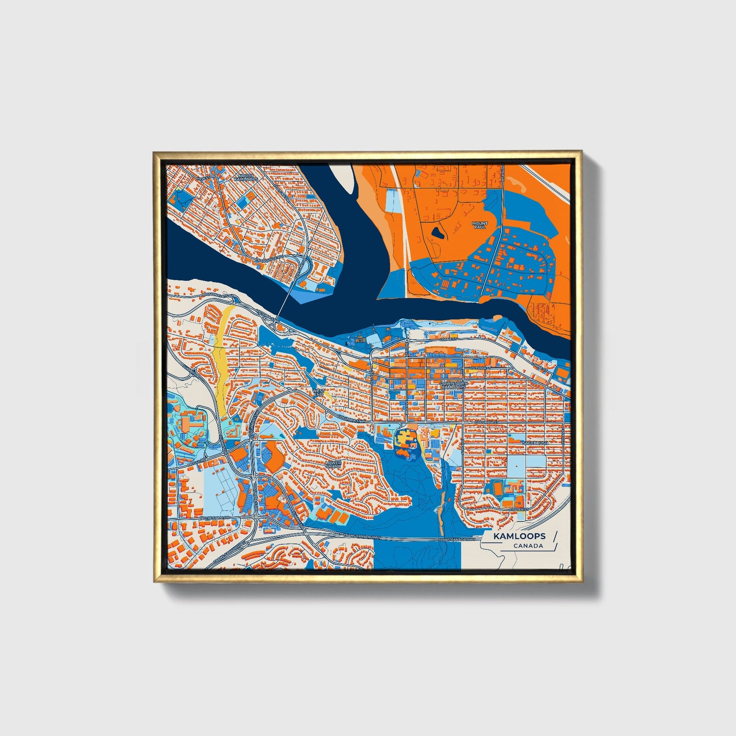 Kamloops Canada Colorful City Map Canvas Print • Gold Framed