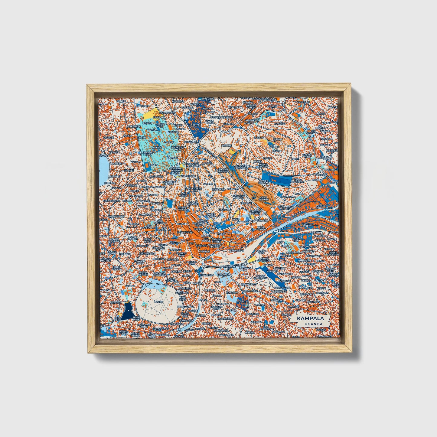 Kampala Uganda Colorful City Map Canvas Print • Natural Wooden Framed