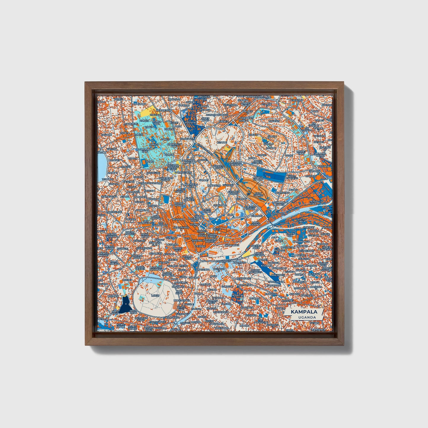 Kampala Uganda Colorful City Map Canvas Print • Dark Wooden Framed