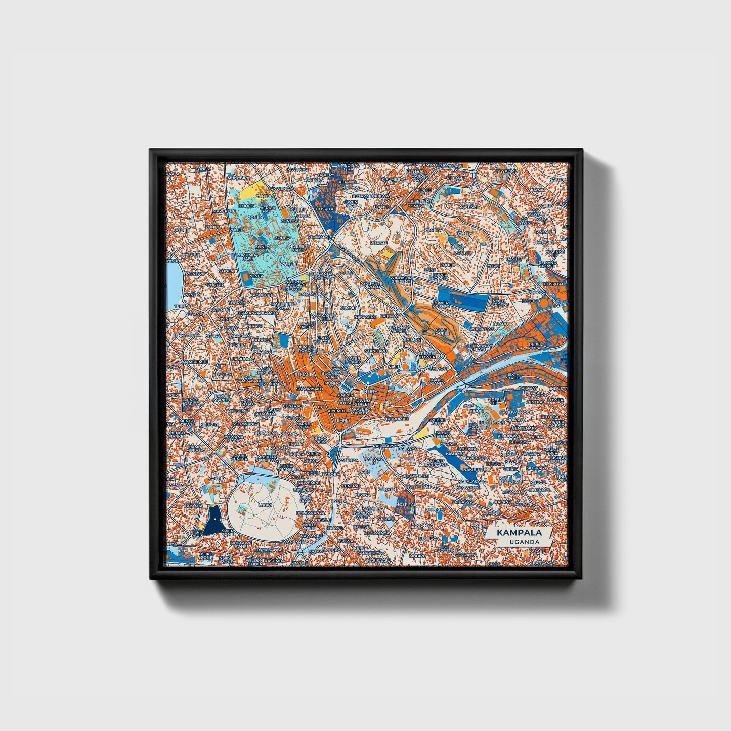 Kampala Uganda Colorful City Map Canvas Print • Black Framed
