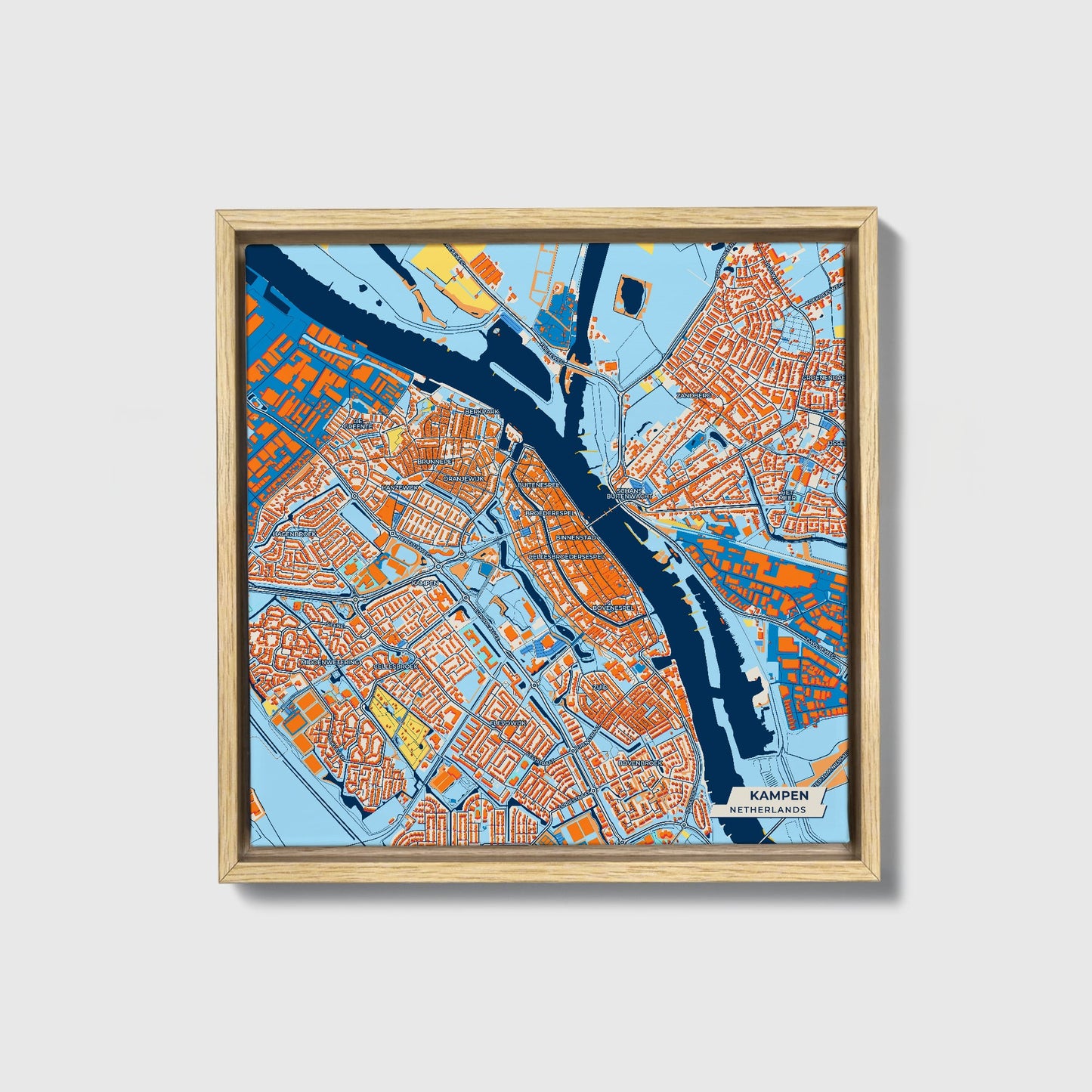 Kampen Netherlands Colorful City Map Canvas Print • Natural Wooden Framed