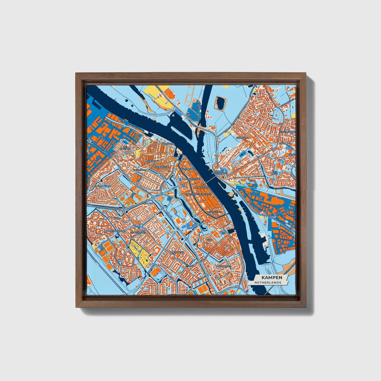 Kampen Netherlands Colorful City Map Canvas Print • Dark Wooden Framed