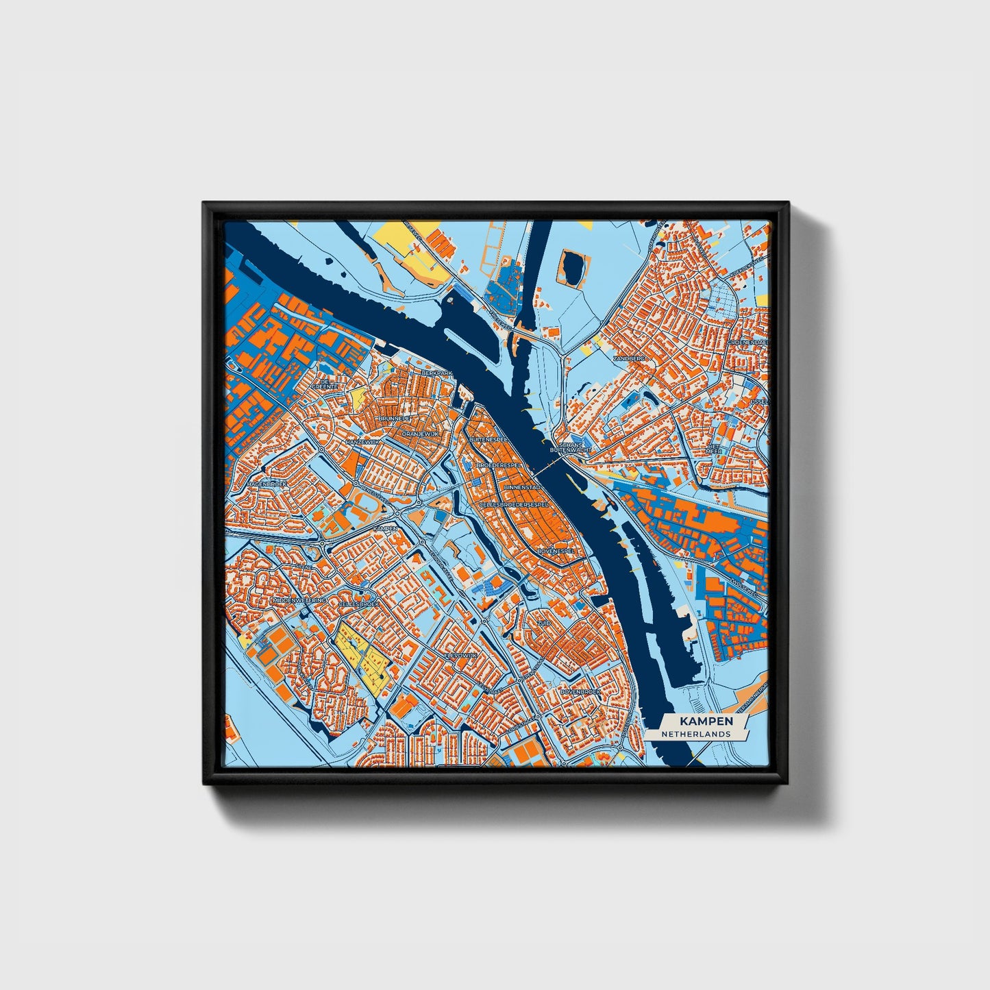 Kampen Netherlands Colorful City Map Canvas Print • Black Framed