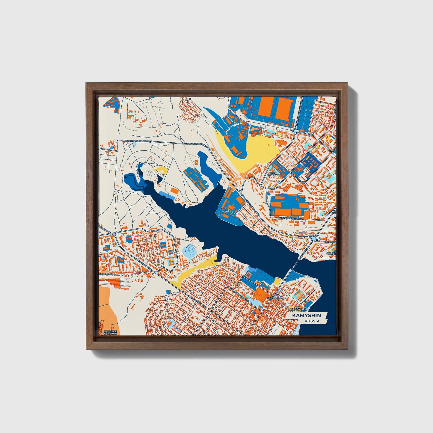 Камышин Russia Colorful City Map Canvas Print • Dark Wooden Framed