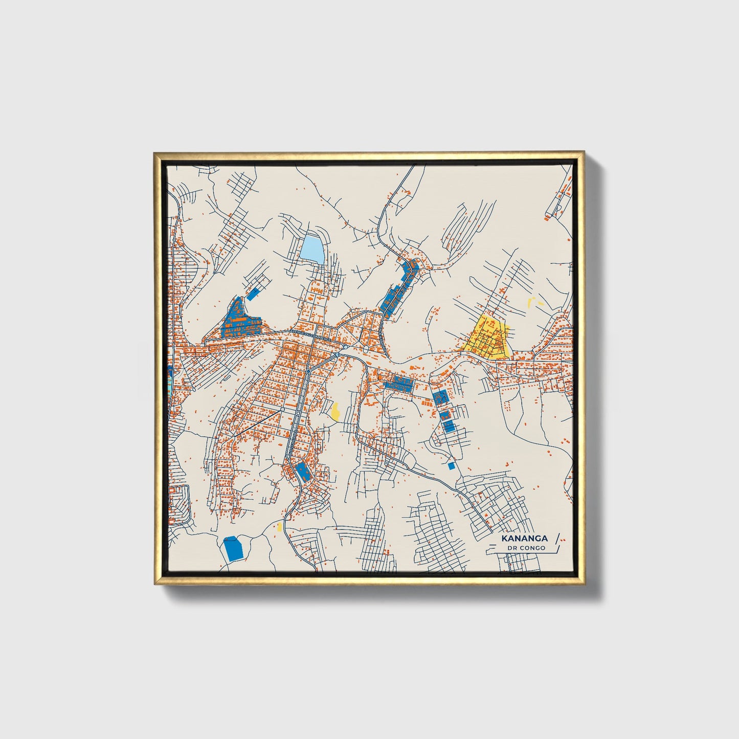 Kananga Dr Congo Colorful City Map Canvas Print • Gold Framed