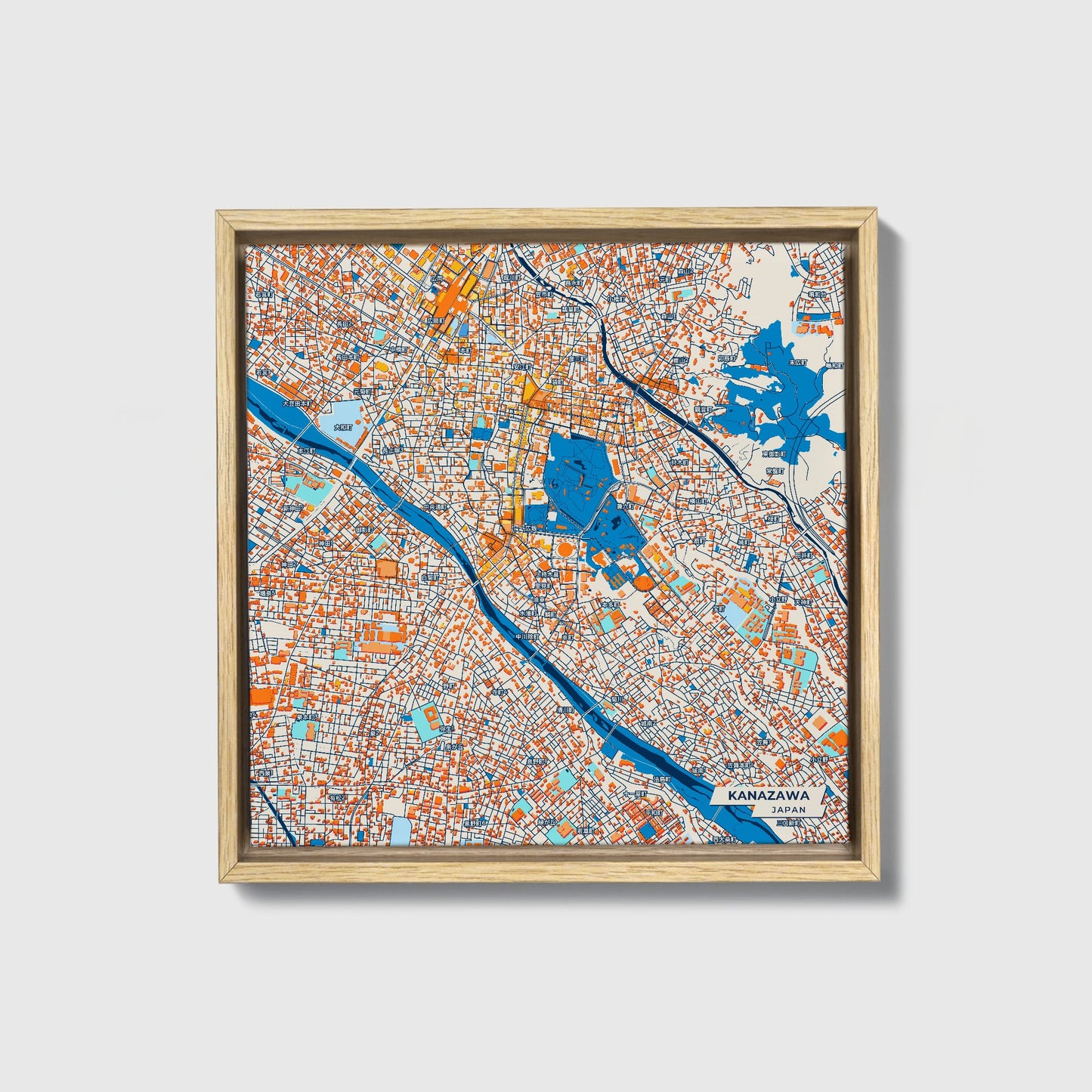 Kanazawa Japan Colorful City Map Canvas Print • Natural Wooden Framed