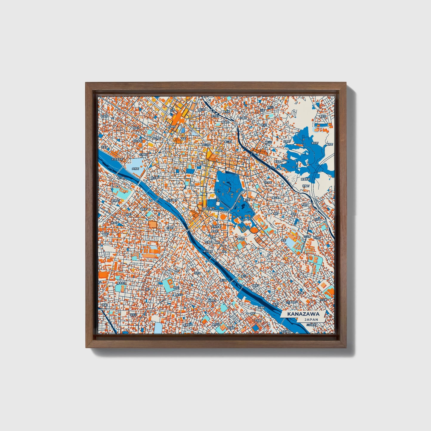 Kanazawa Japan Colorful City Map Canvas Print • Dark Wooden Framed