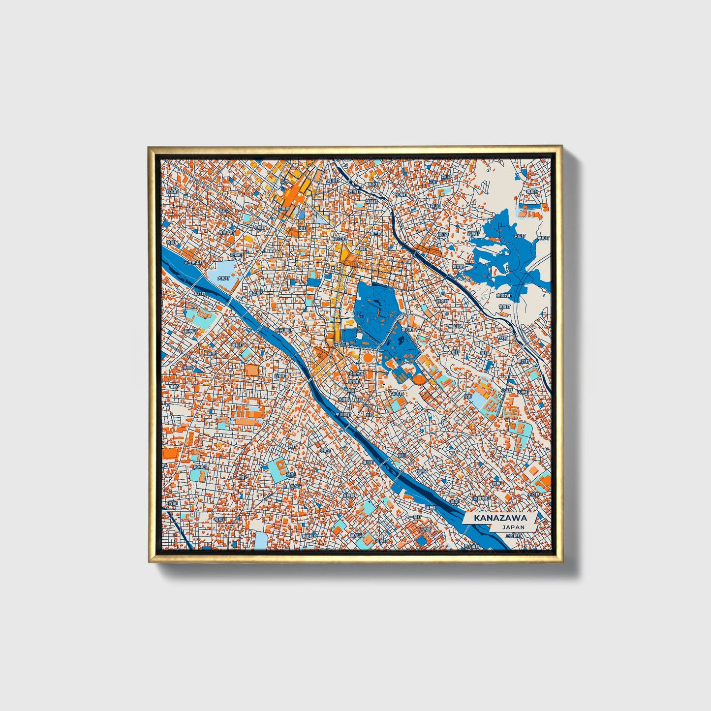 Kanazawa Japan Colorful City Map Canvas Print • Gold Framed