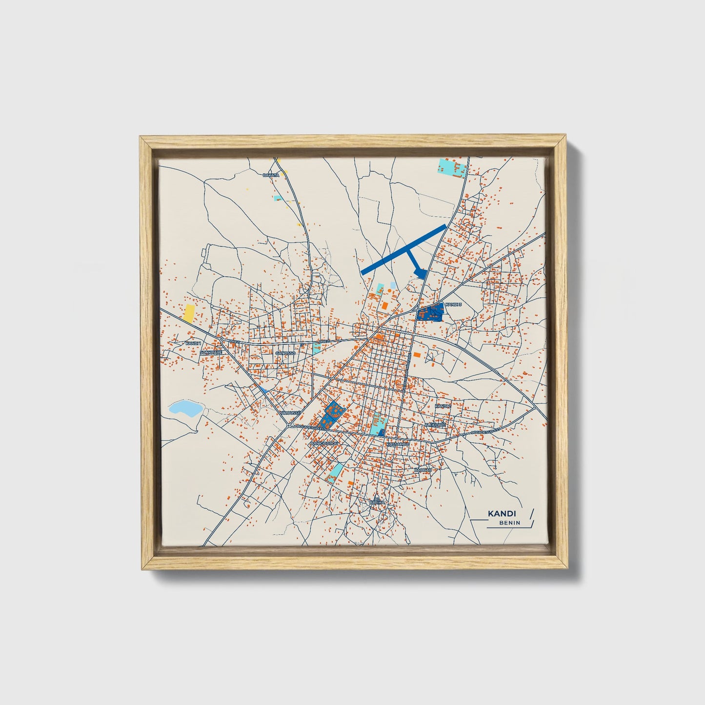 Kandi Benin Colorful City Map Canvas Print • Natural Wooden Framed