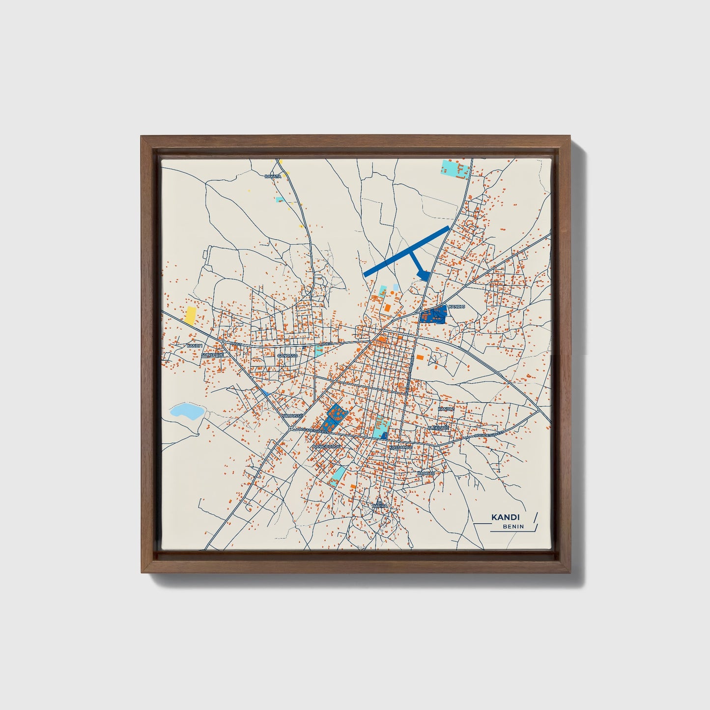 Kandi Benin Colorful City Map Canvas Print • Dark Wooden Framed