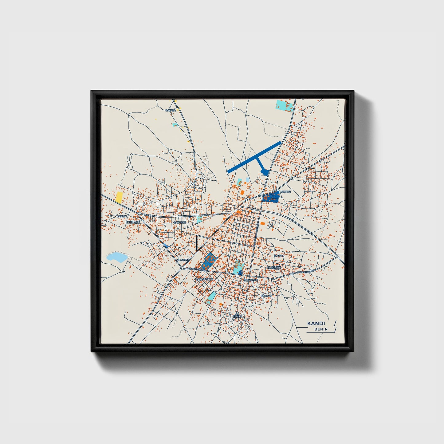 Kandi Benin Colorful City Map Canvas Print • Black Framed